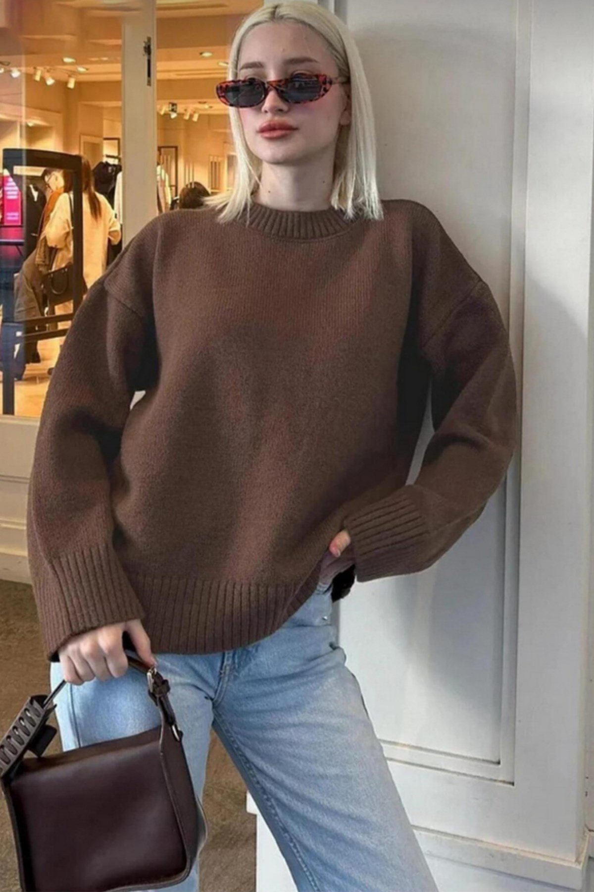 Kahverengi Bisiklet Yaka Oversize Kadın Triko Kazak
