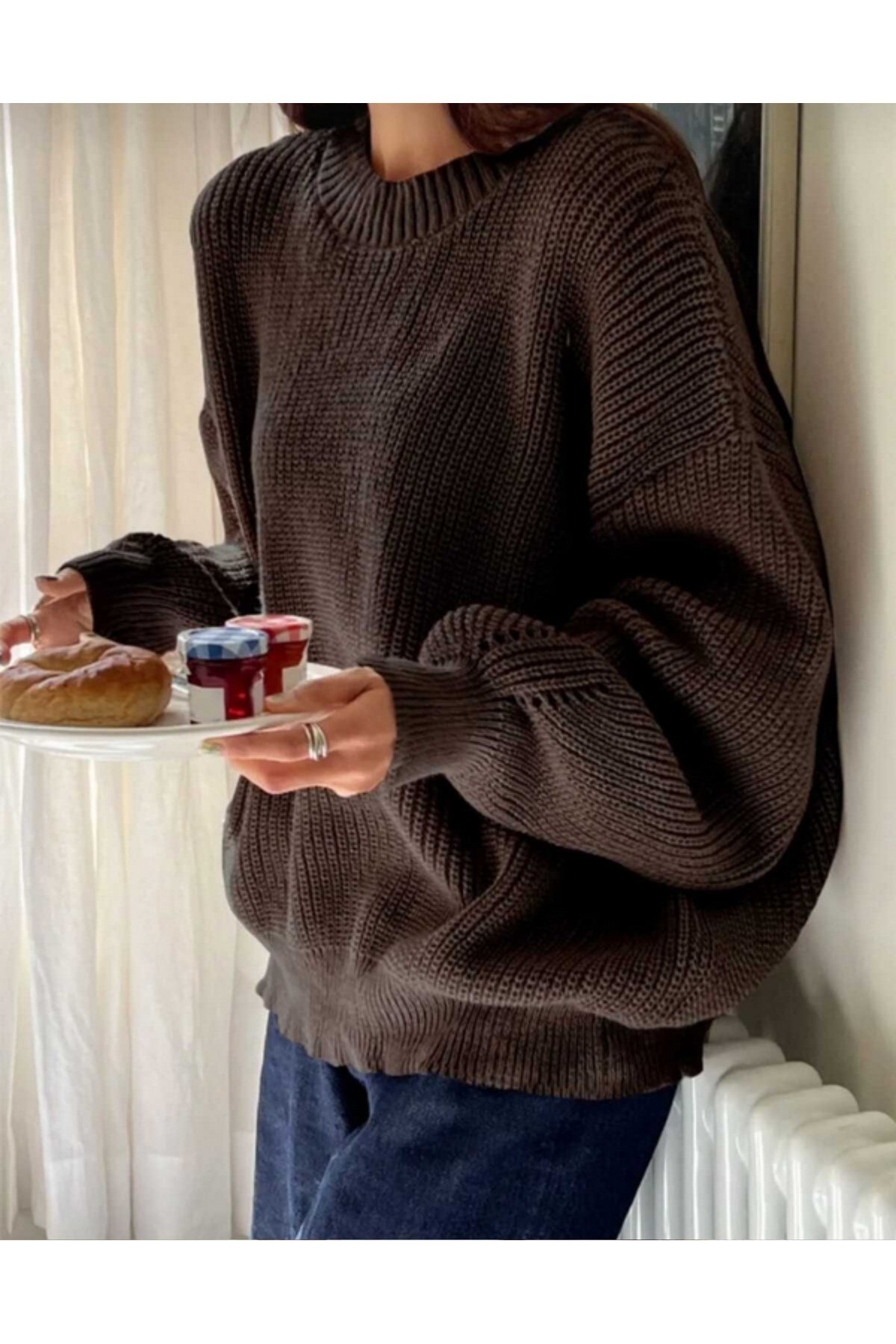 Kahverengi Bisiklet Yaka Oversize Kadın Triko Kazak