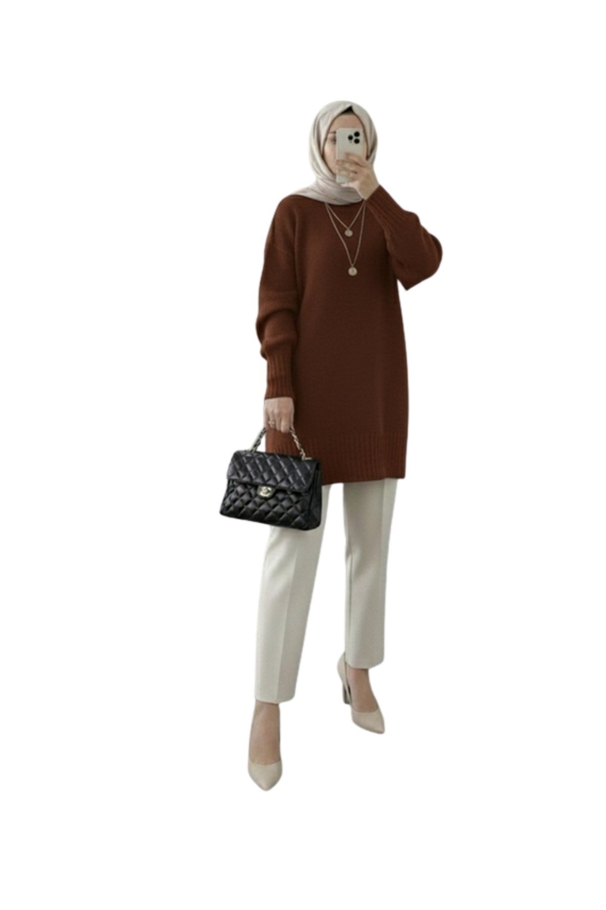 Kahverengi Bisiklet Yaka Oversize Triko Kazak Tunik