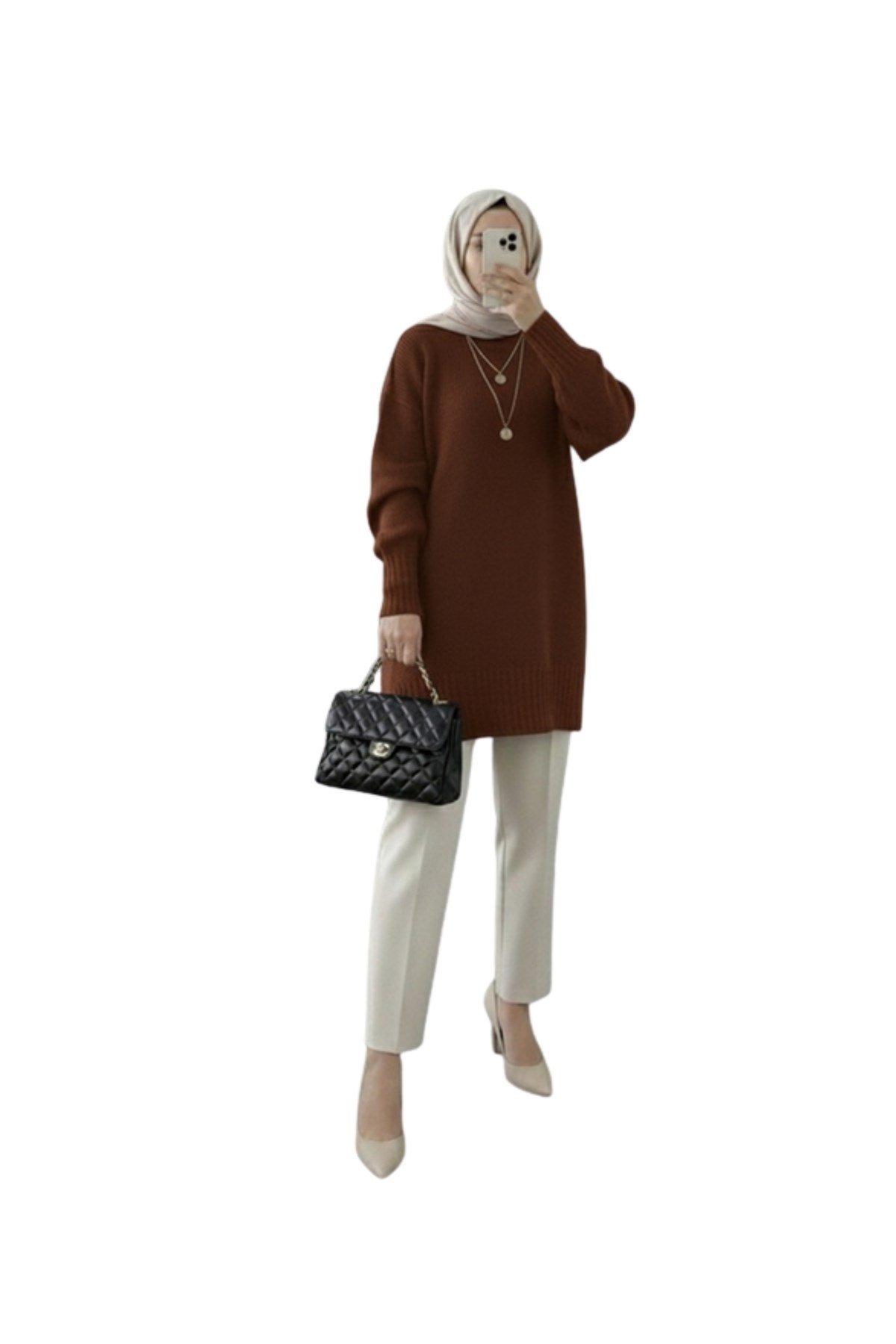 Kahverengi Bisiklet Yaka Oversize Triko Kazak Tunik