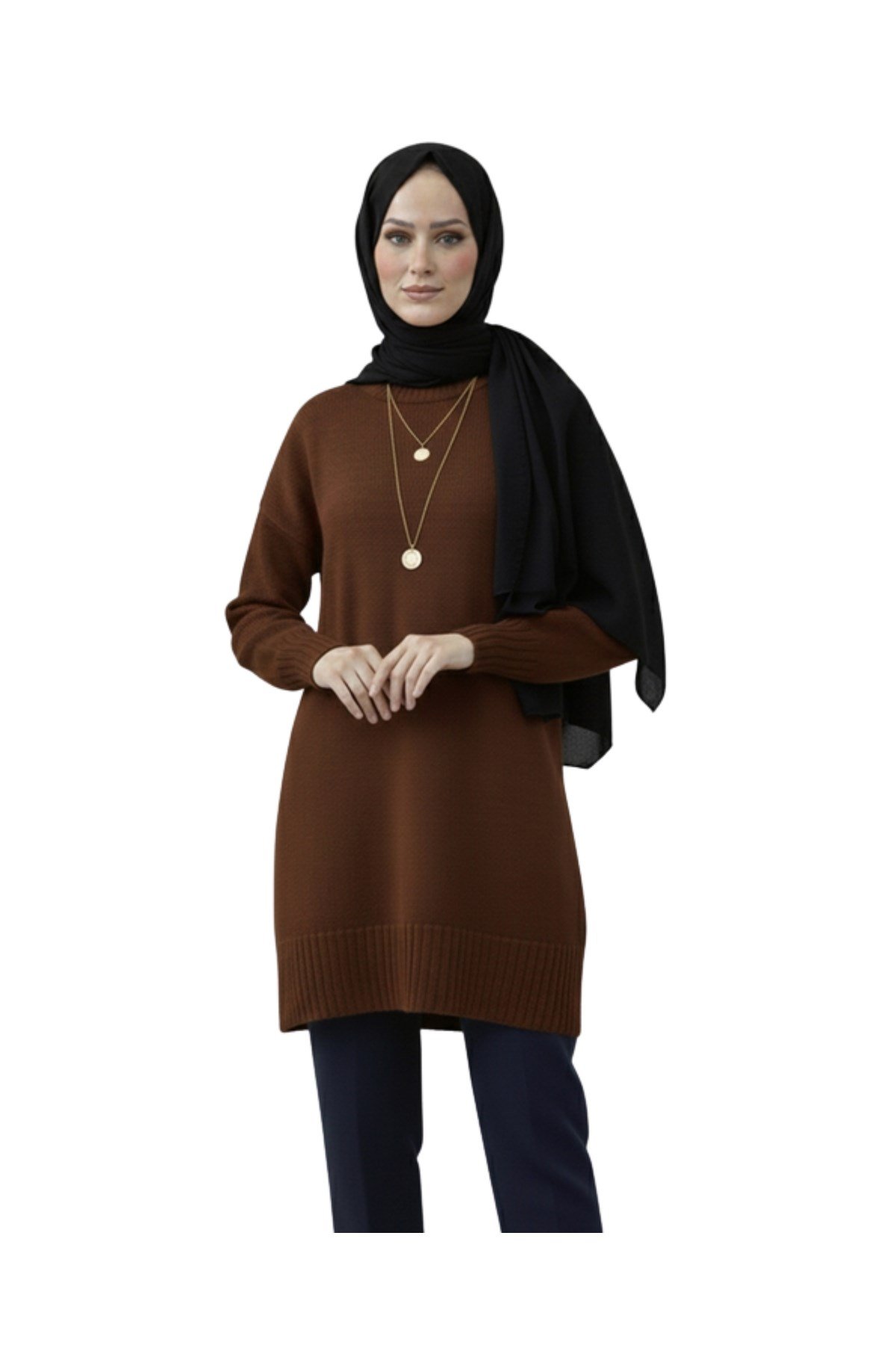 Kahverengi Bisiklet Yaka Oversize Triko Kazak Tunik