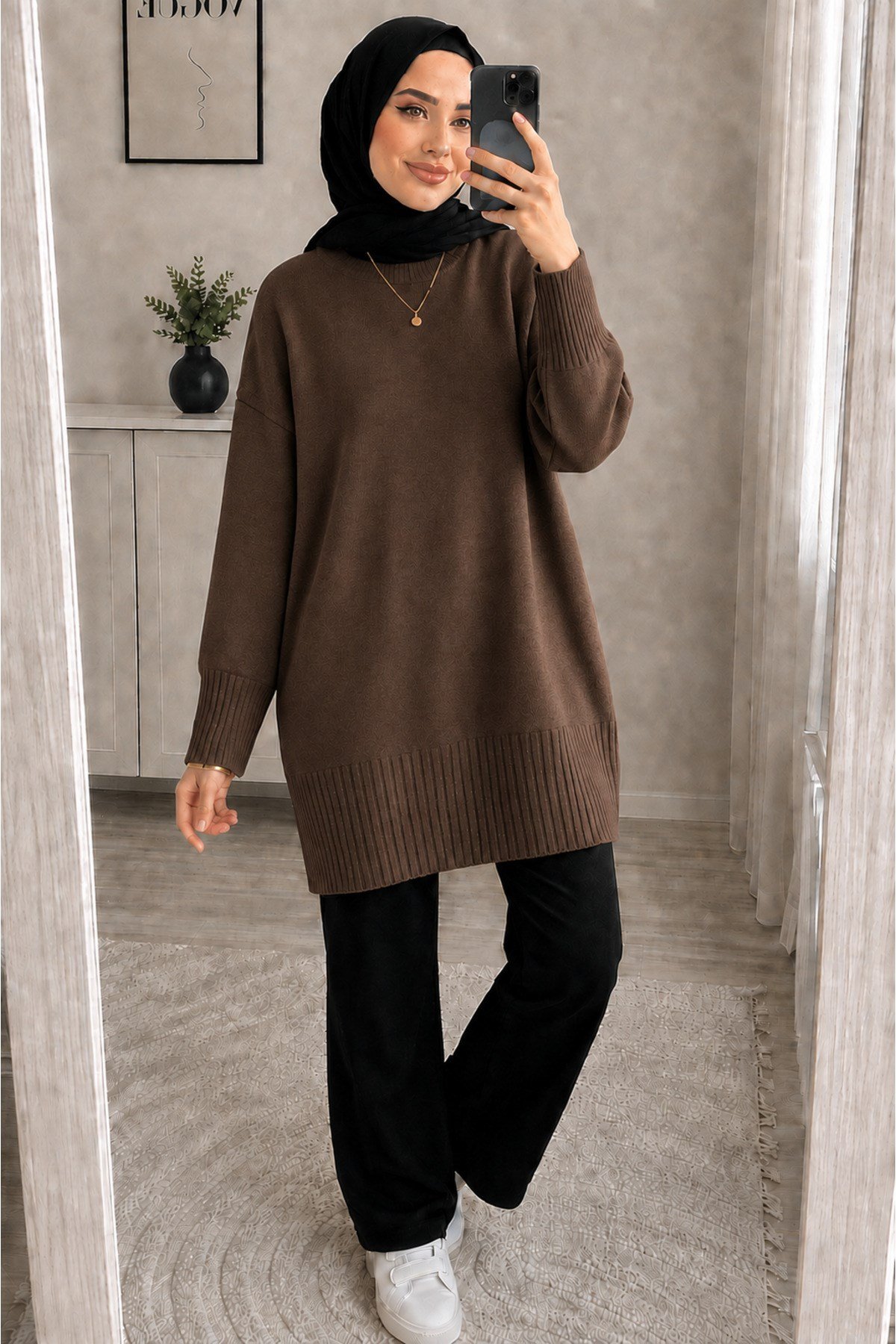 Kahverengi Bisiklet Yaka Oversize Triko Kazak Tunik