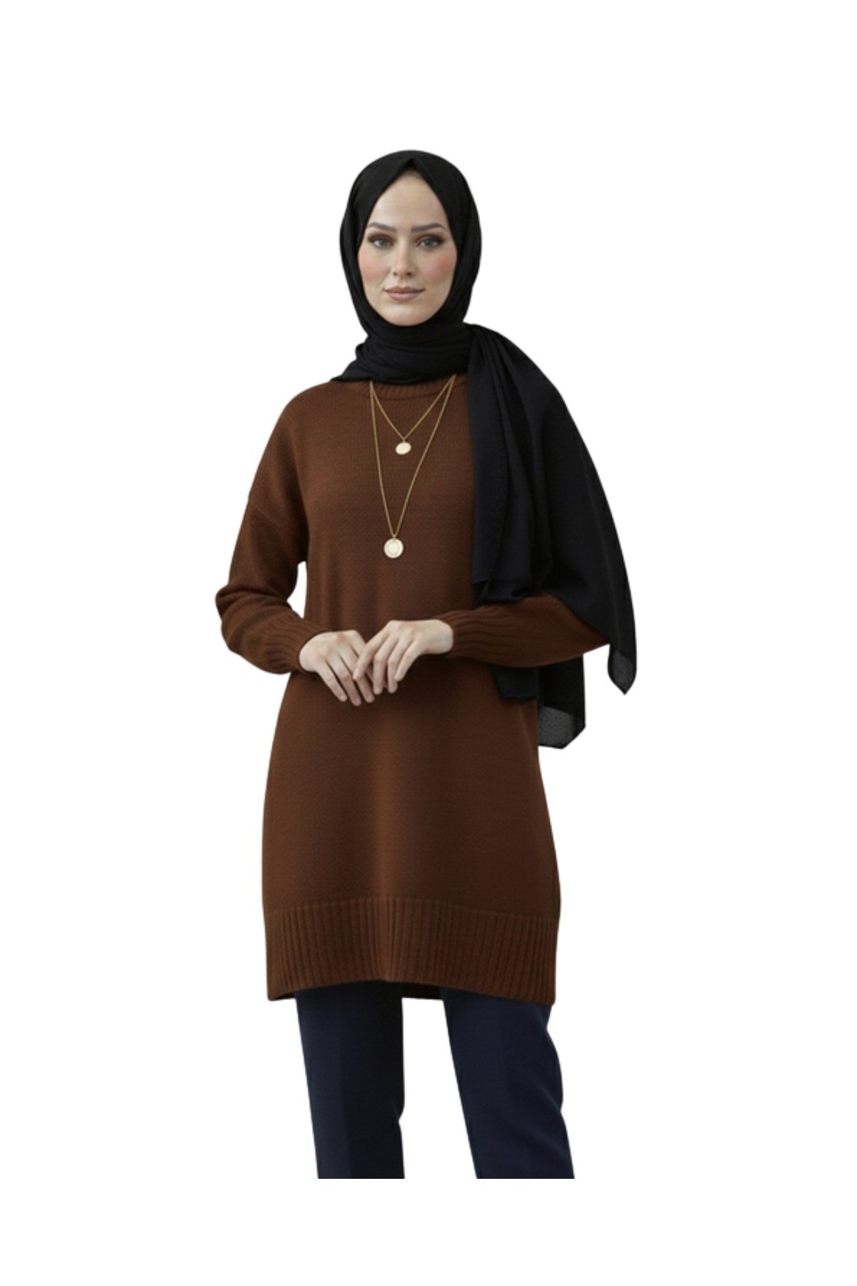 Kahverengi Bisiklet Yaka Oversize Triko Kazak Tunik