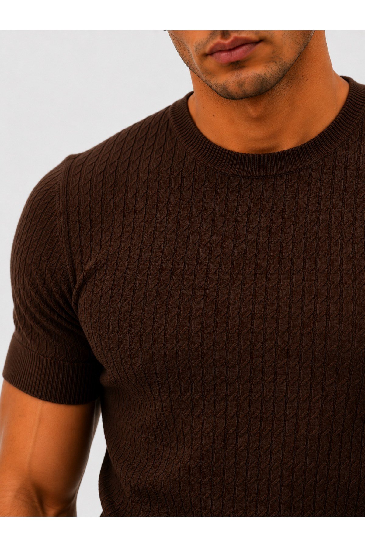 Kahverengi Bisiklet Yaka Saç Örgü Desenli Kısa Kol Slim Fit Erkek T-shirt
