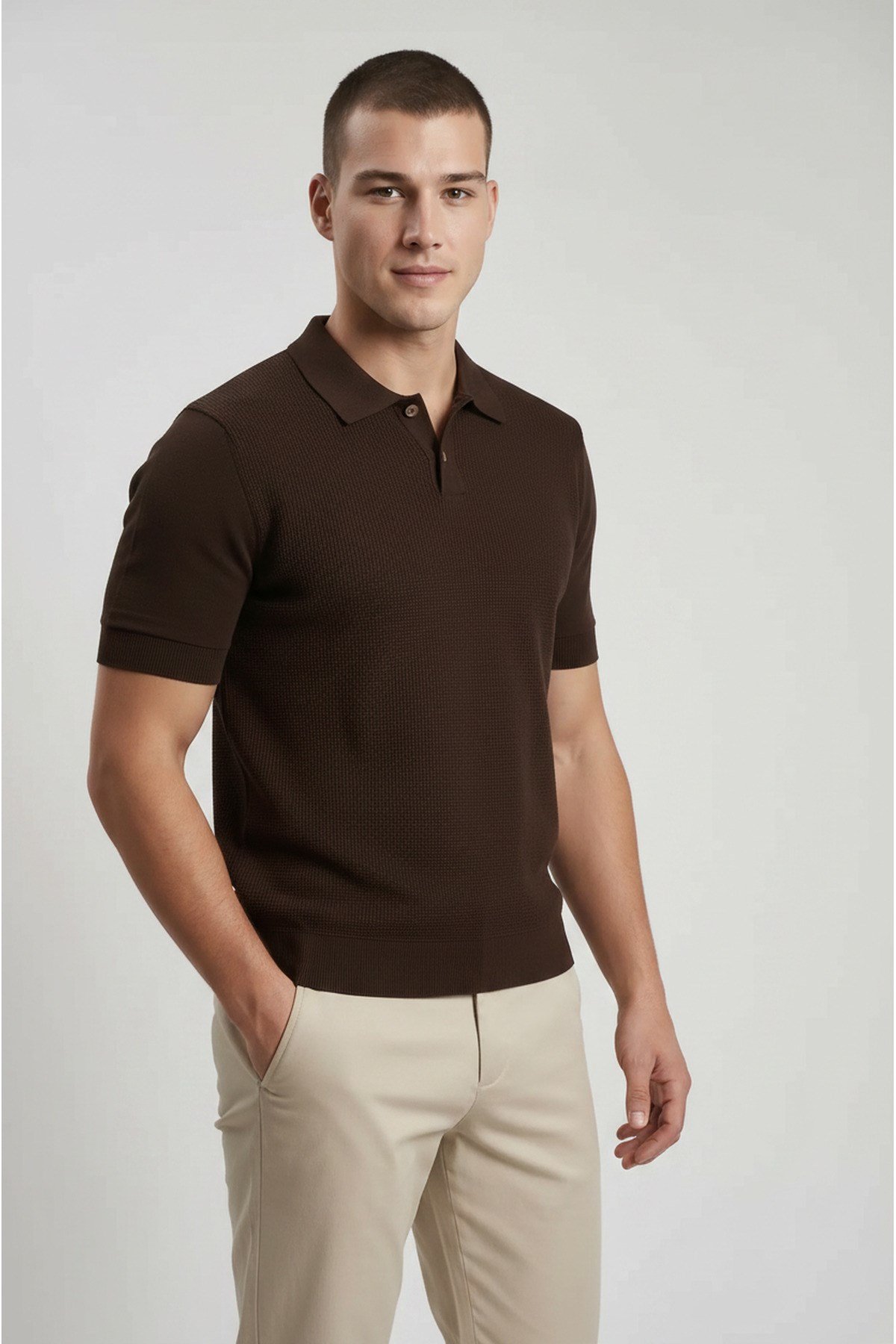 Kahverengi Erkek Polo Yaka Düğmeli Kısa Kol T-Shirt