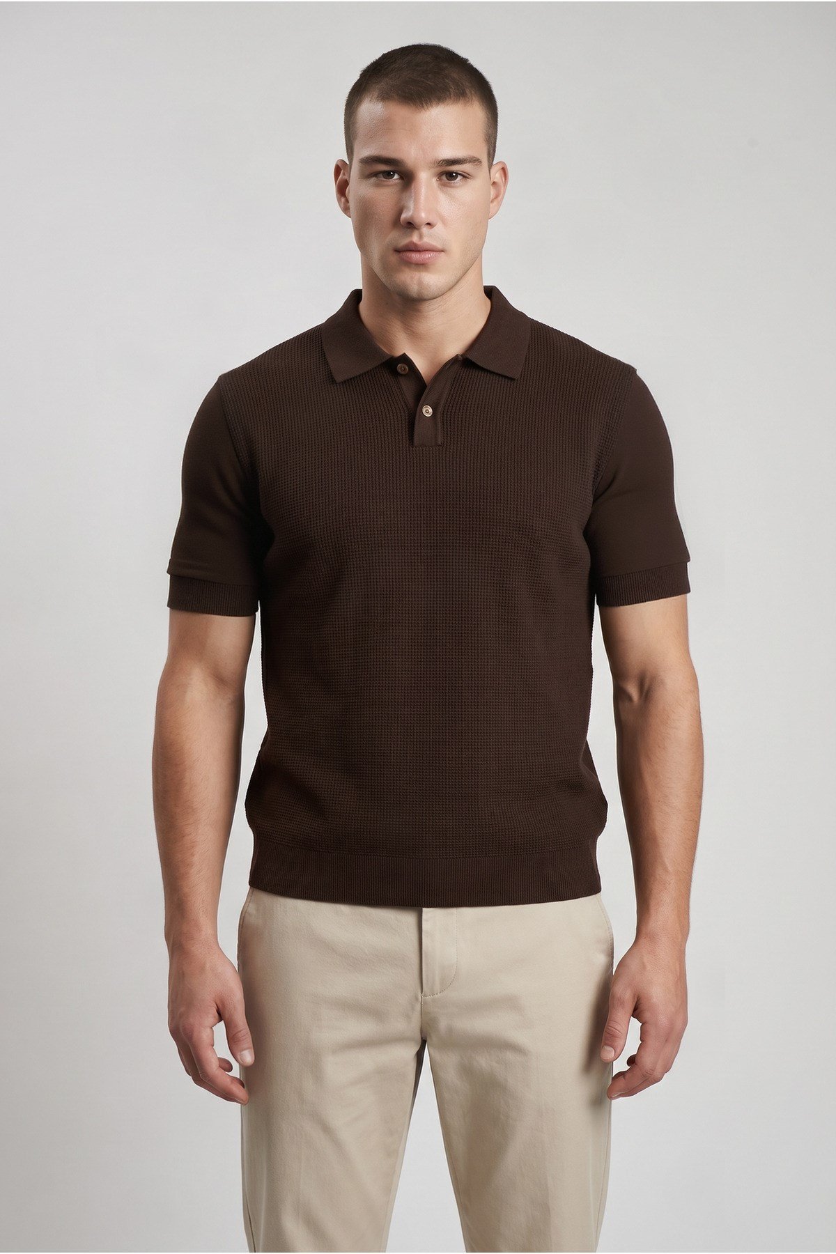 Kahverengi Erkek Polo Yaka Düğmeli Kısa Kol T-Shirt