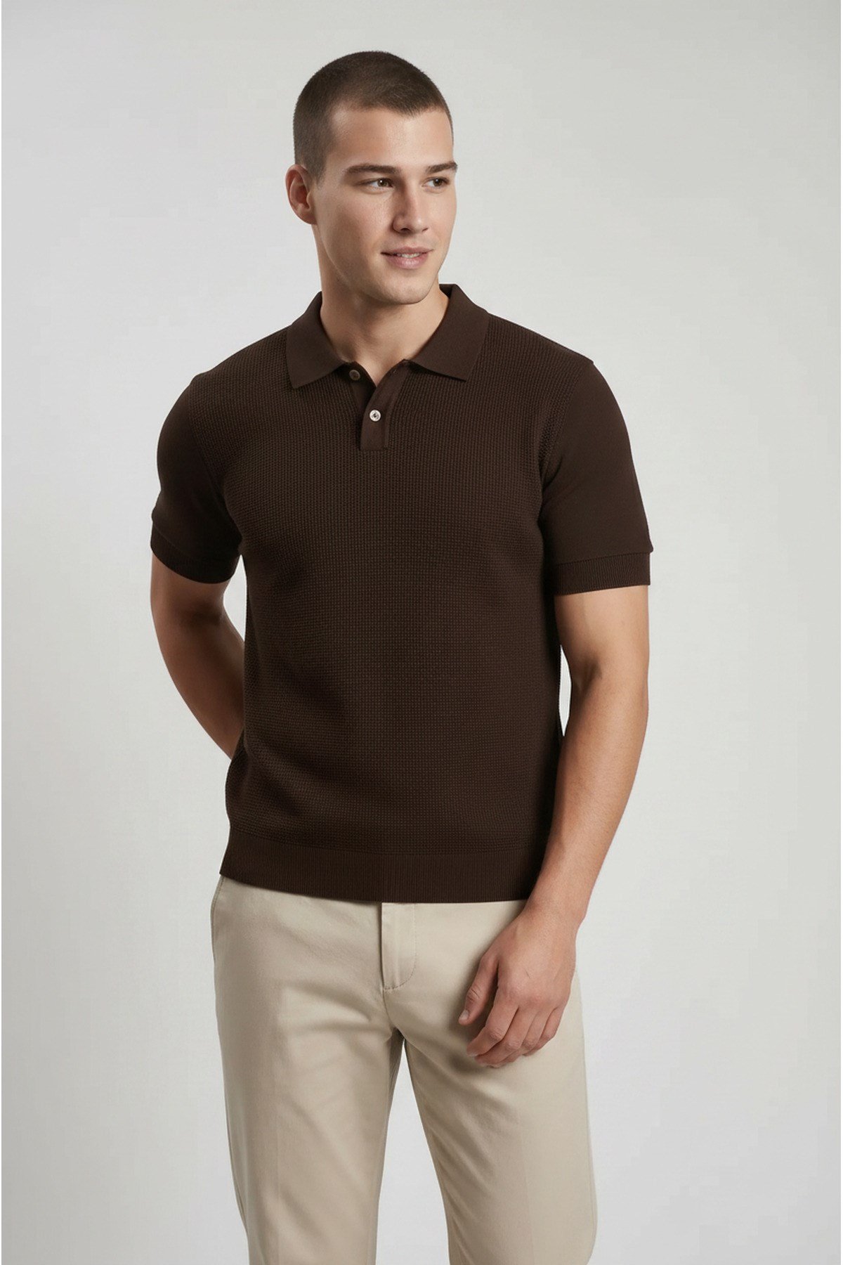 Kahverengi Erkek Polo Yaka Düğmeli Kısa Kol T-Shirt