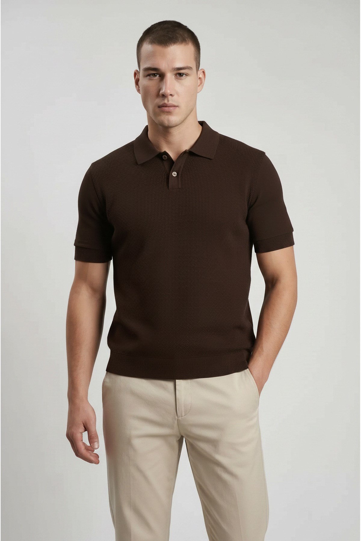 Kahverengi Erkek Polo Yaka Düğmeli Kısa Kol T-Shirt