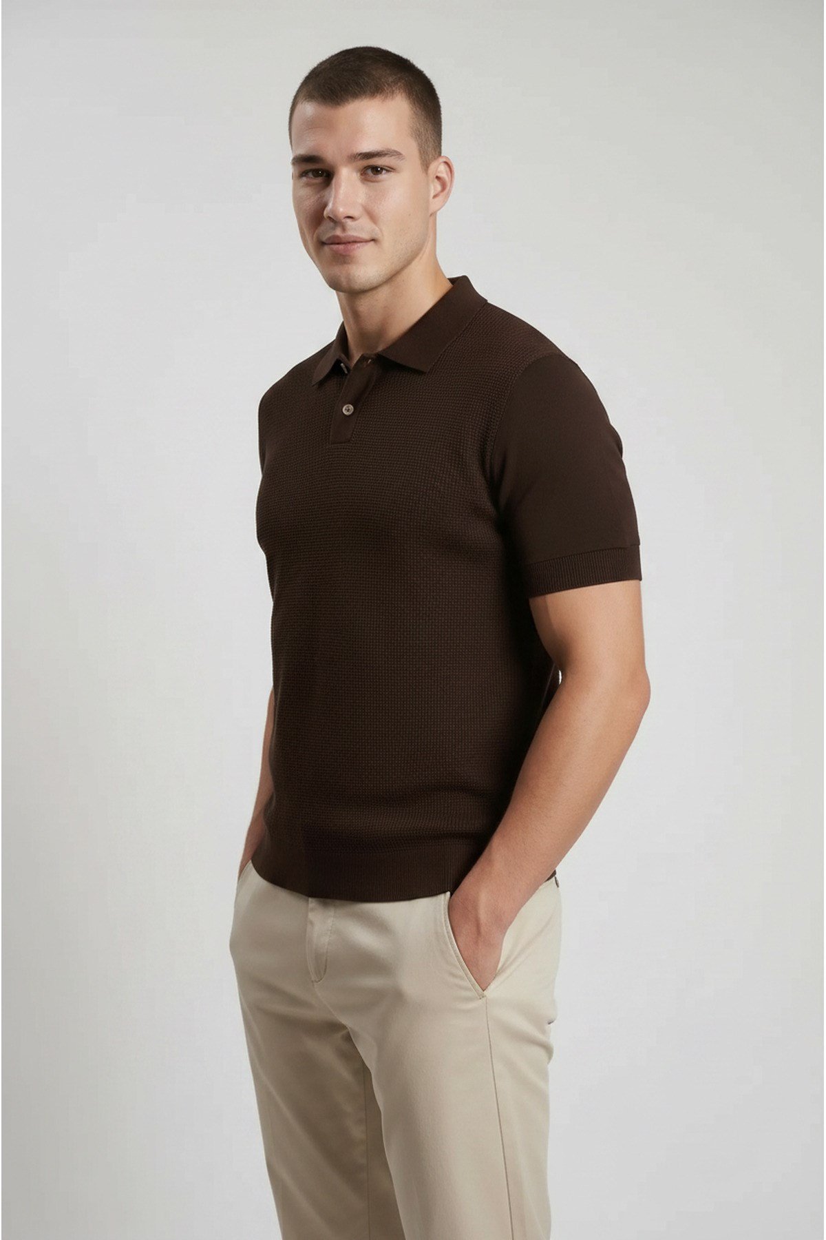Kahverengi Erkek Polo Yaka Düğmeli Kısa Kol T-Shirt