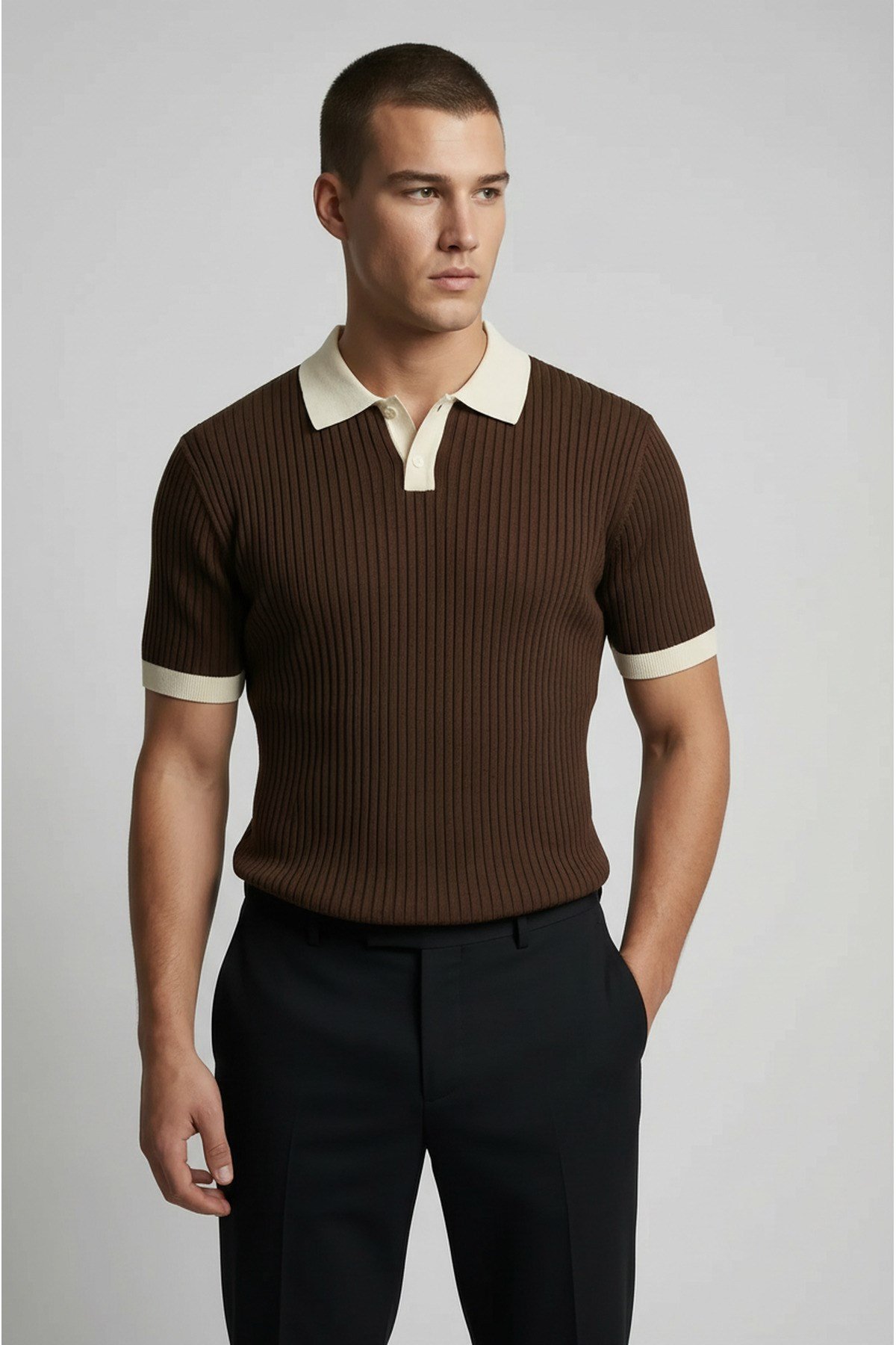 Kahverengi Polo Yaka Düğmeli Kısa Kol Erkek T-shirt