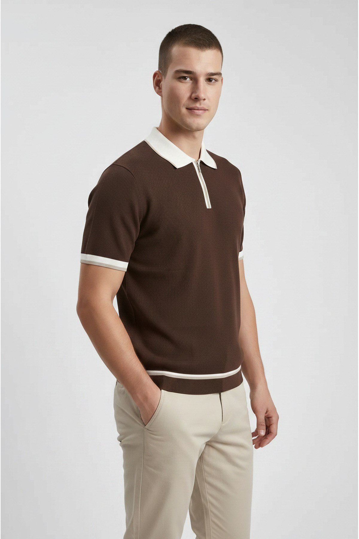 Kahverengi Polo Yaka Fermuarlı Kısa Kol Erkek T-shirt