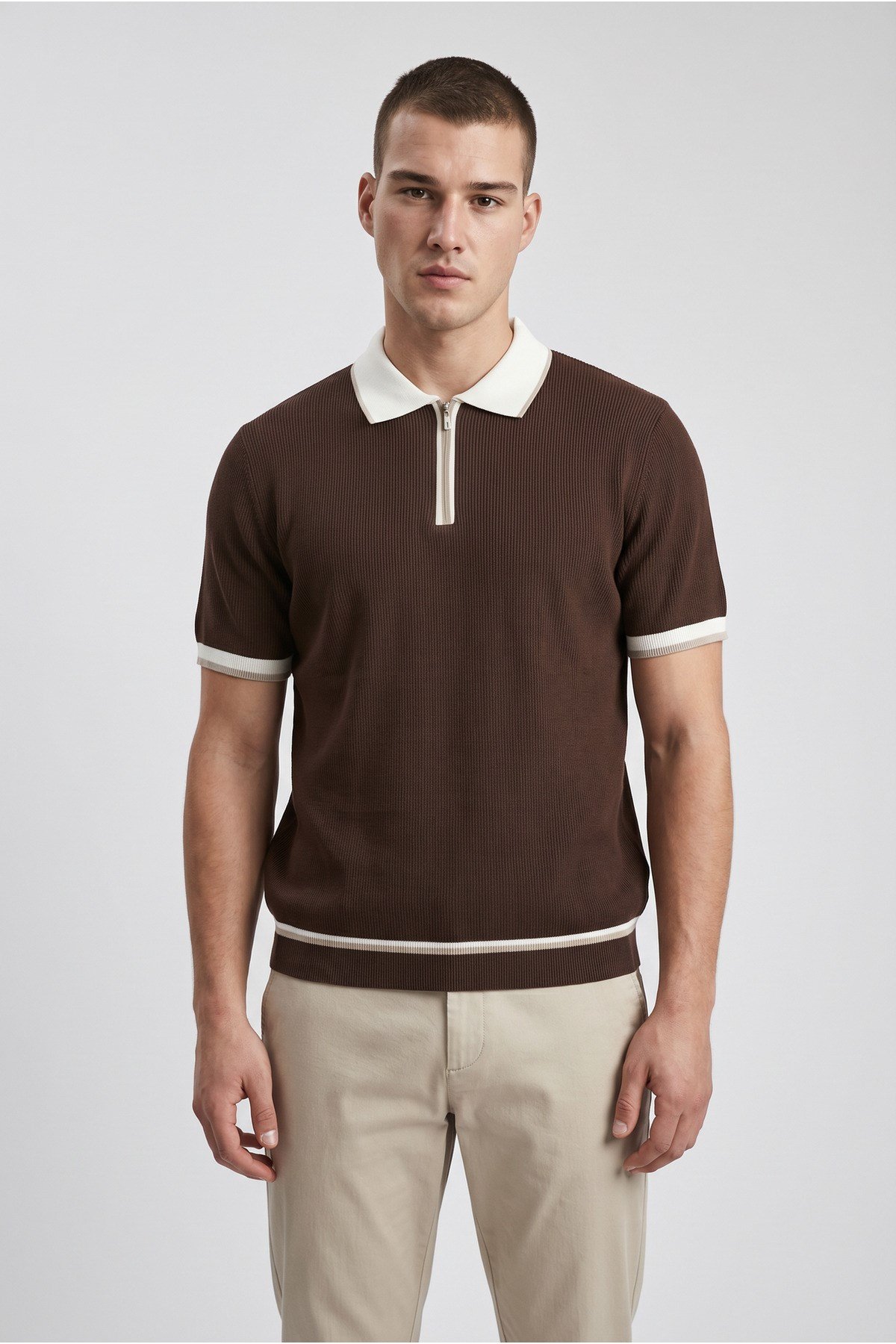 Kahverengi Polo Yaka Fermuarlı Kısa Kol Erkek T-shirt