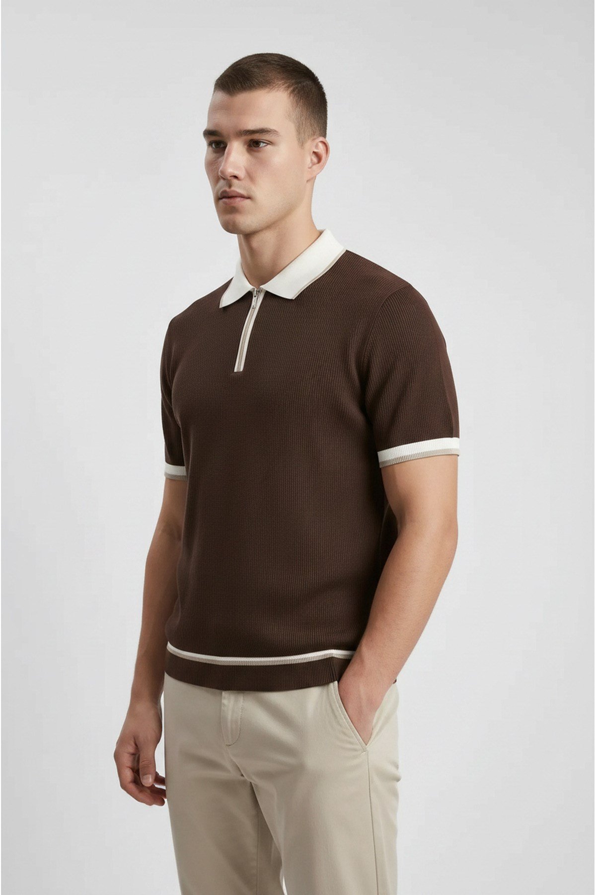 Kahverengi Polo Yaka Fermuarlı Kısa Kol Erkek T-shirt