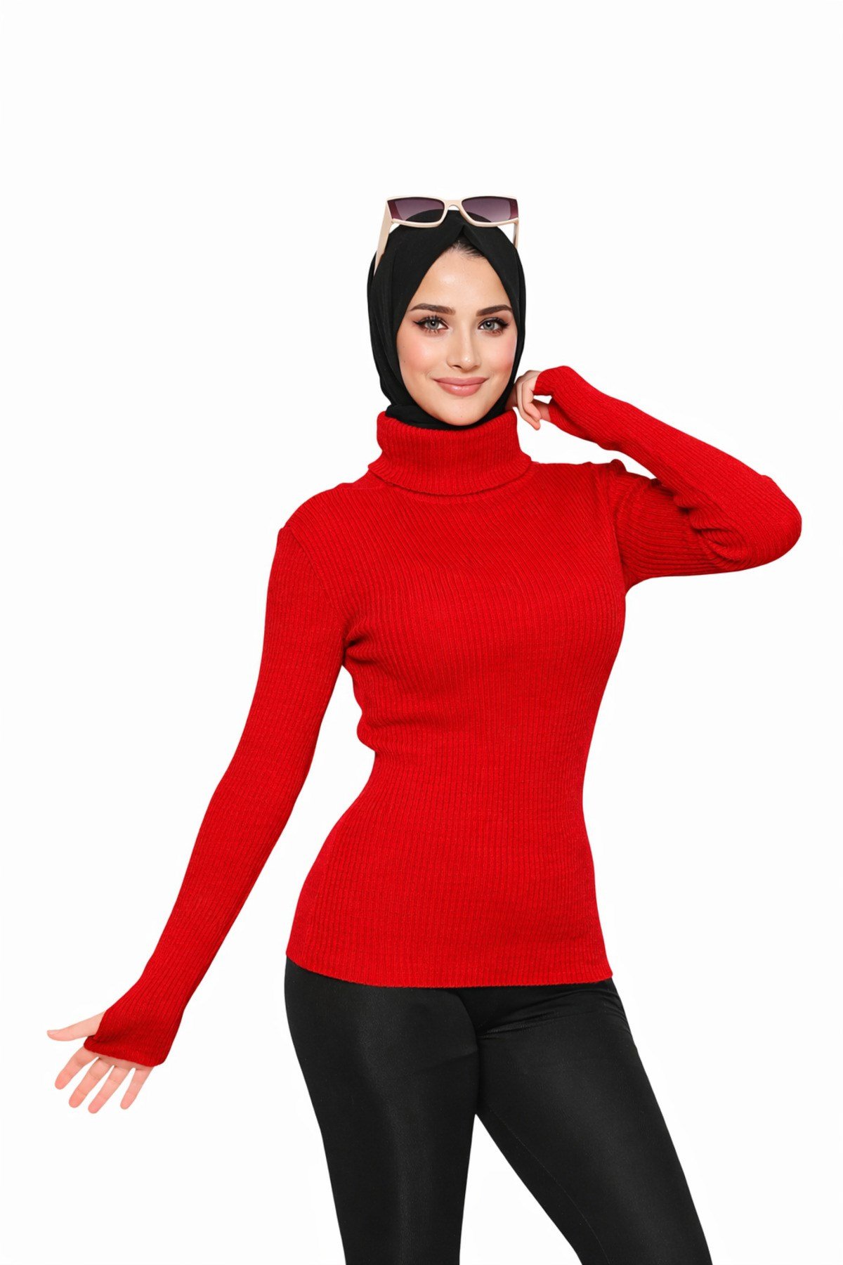 Kırmızı Balıkçı Yaka Parmak Detaylı Premium Kurtarıcı Body Kazak