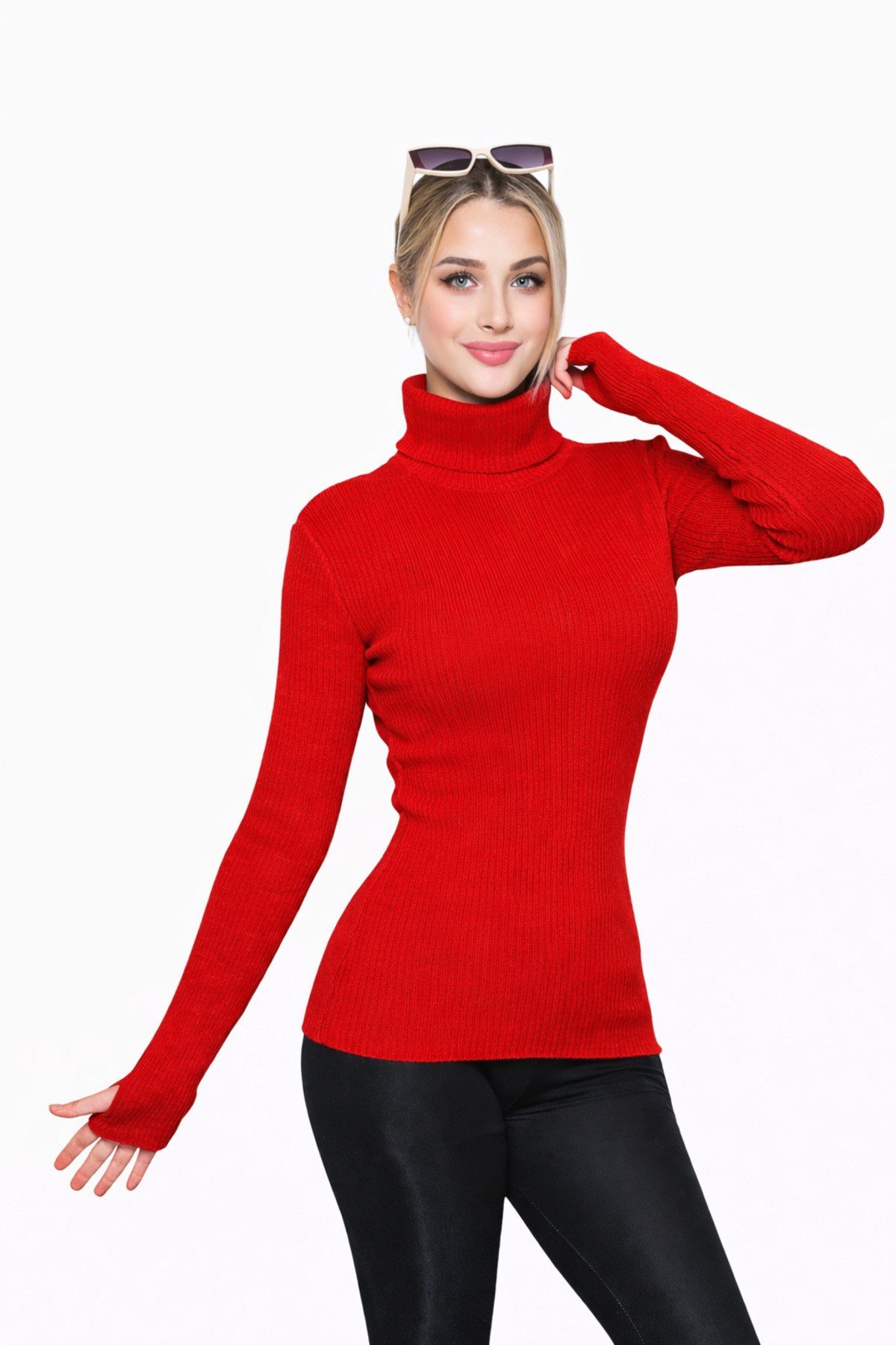 Kırmızı Balıkçı Yaka Parmak Detaylı Premium Kurtarıcı Body Kazak