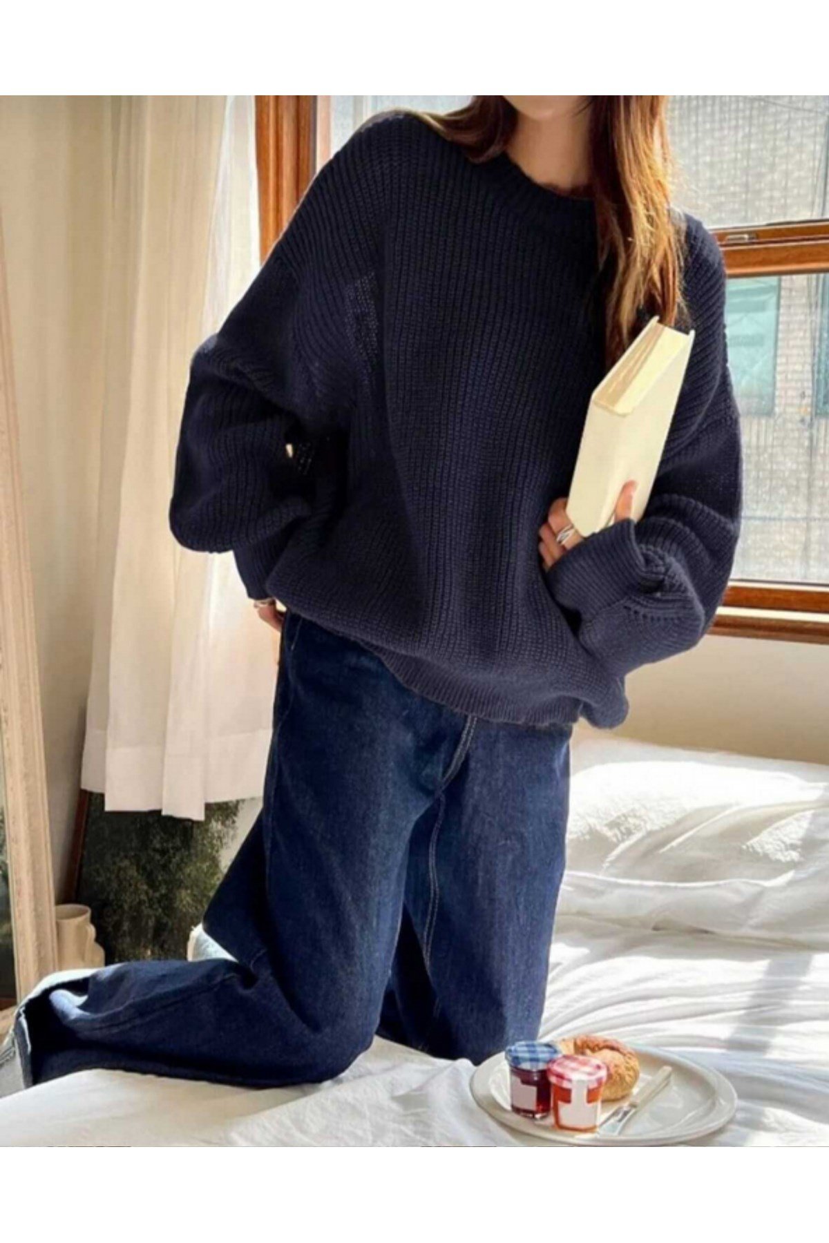 Lacivert Bisiklet Yaka Oversize Kadın Triko Kazak