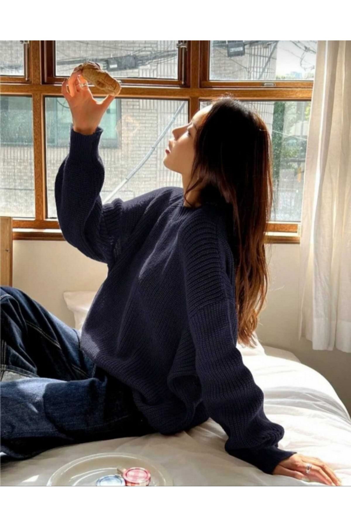Lacivert Bisiklet Yaka Oversize Kadın Triko Kazak