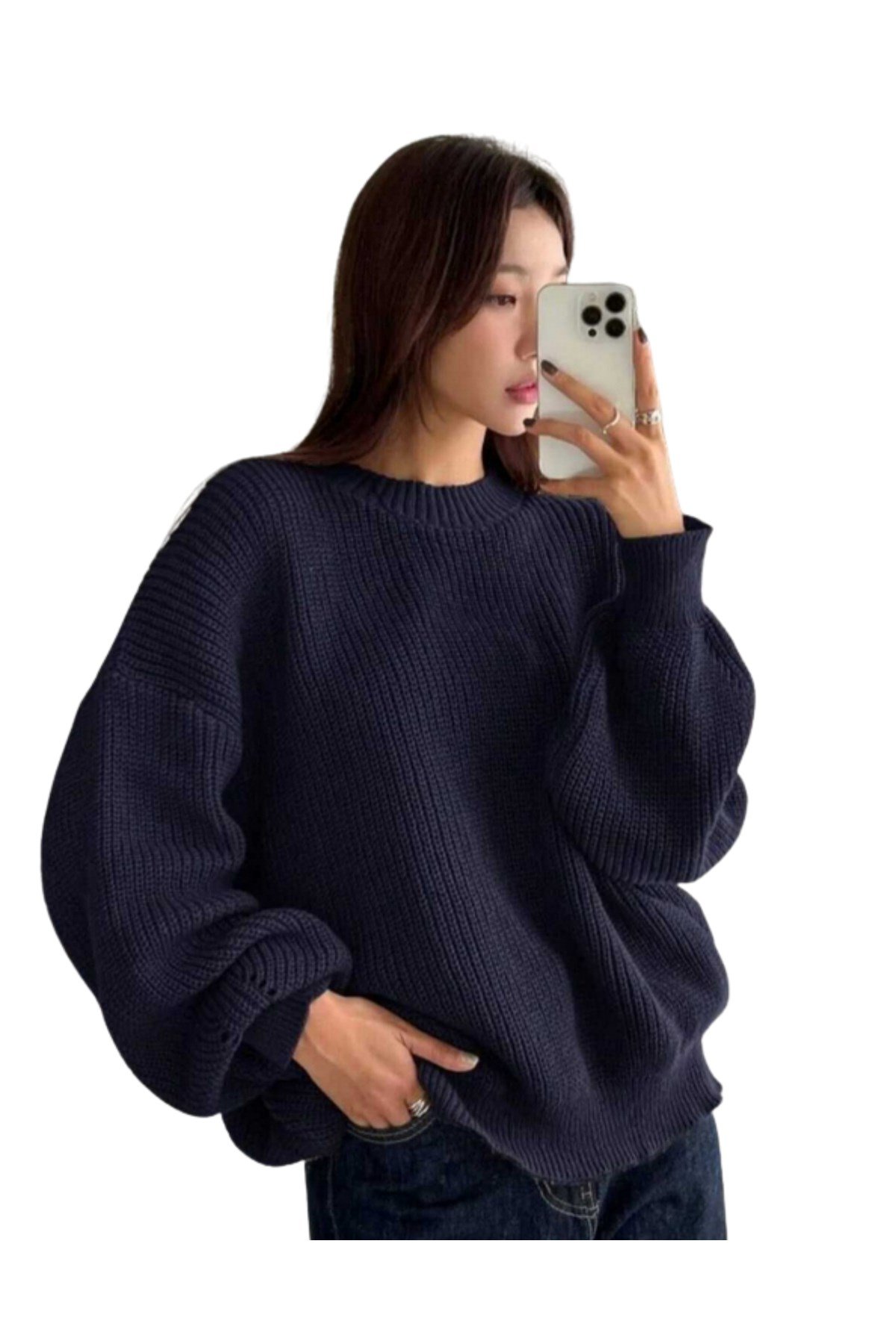 Lacivert Bisiklet Yaka Oversize Kadın Triko Kazak