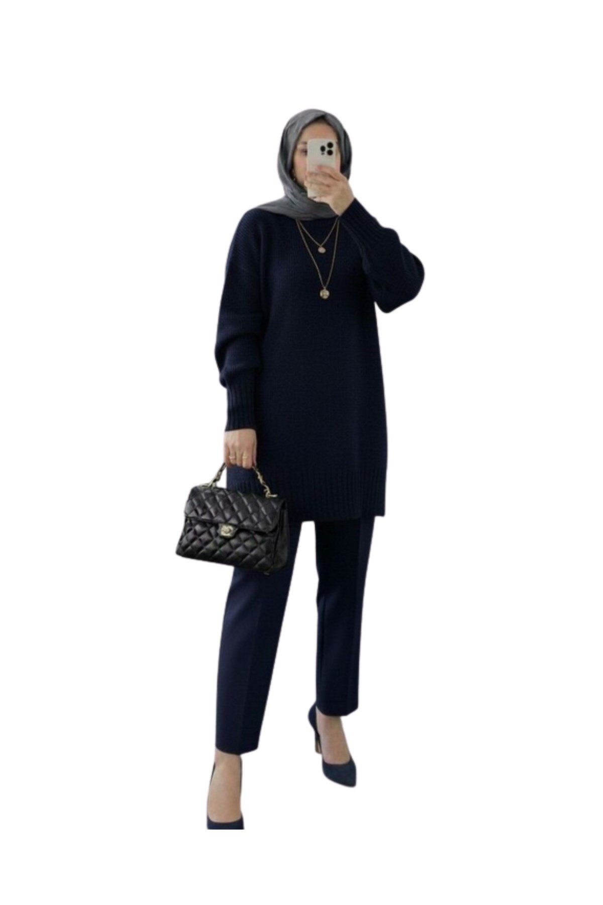 Lacivert Bisiklet Yaka Oversize Triko Kazak Tunik