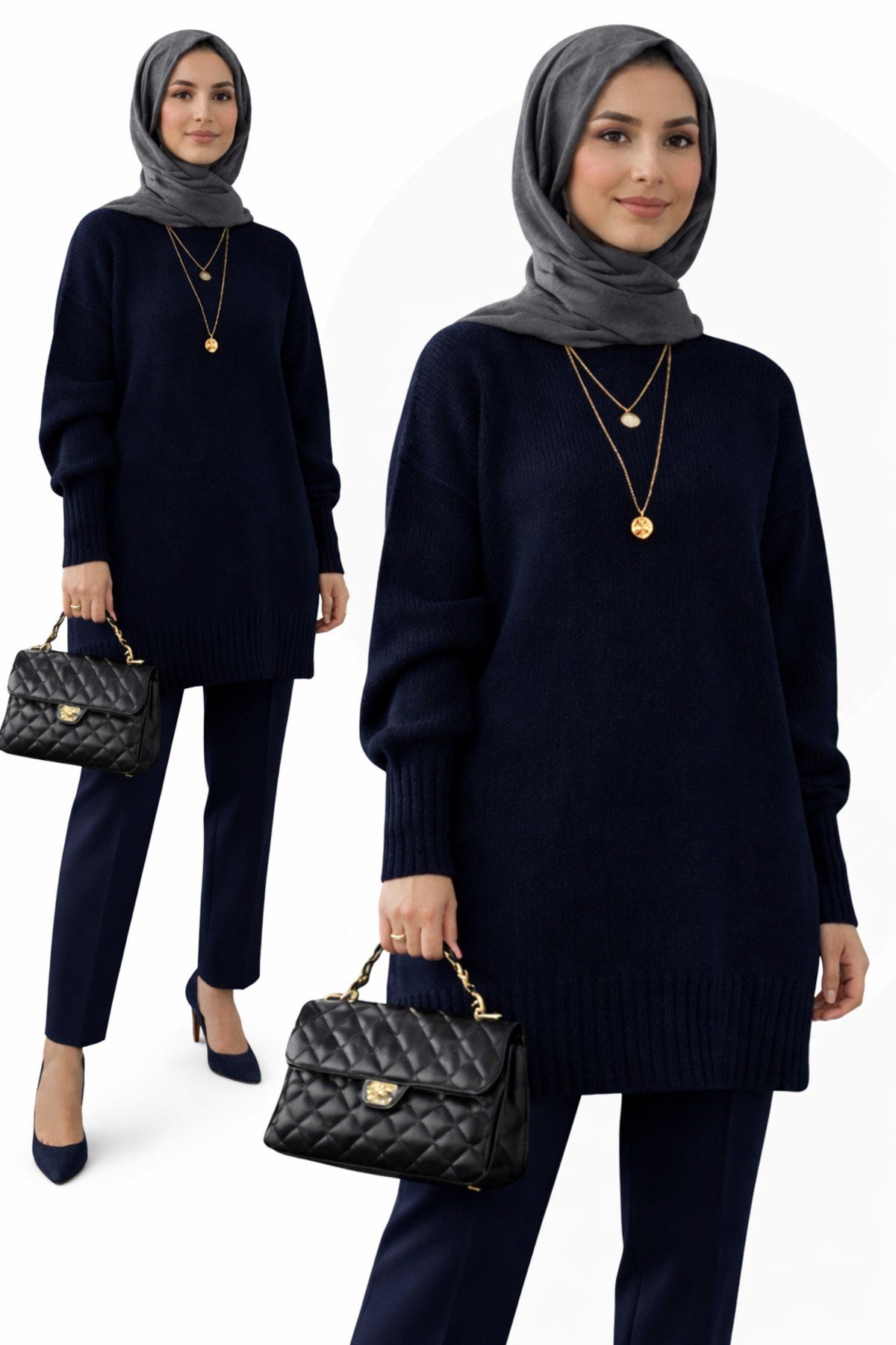 Lacivert Bisiklet Yaka Oversize Triko Kazak Tunik