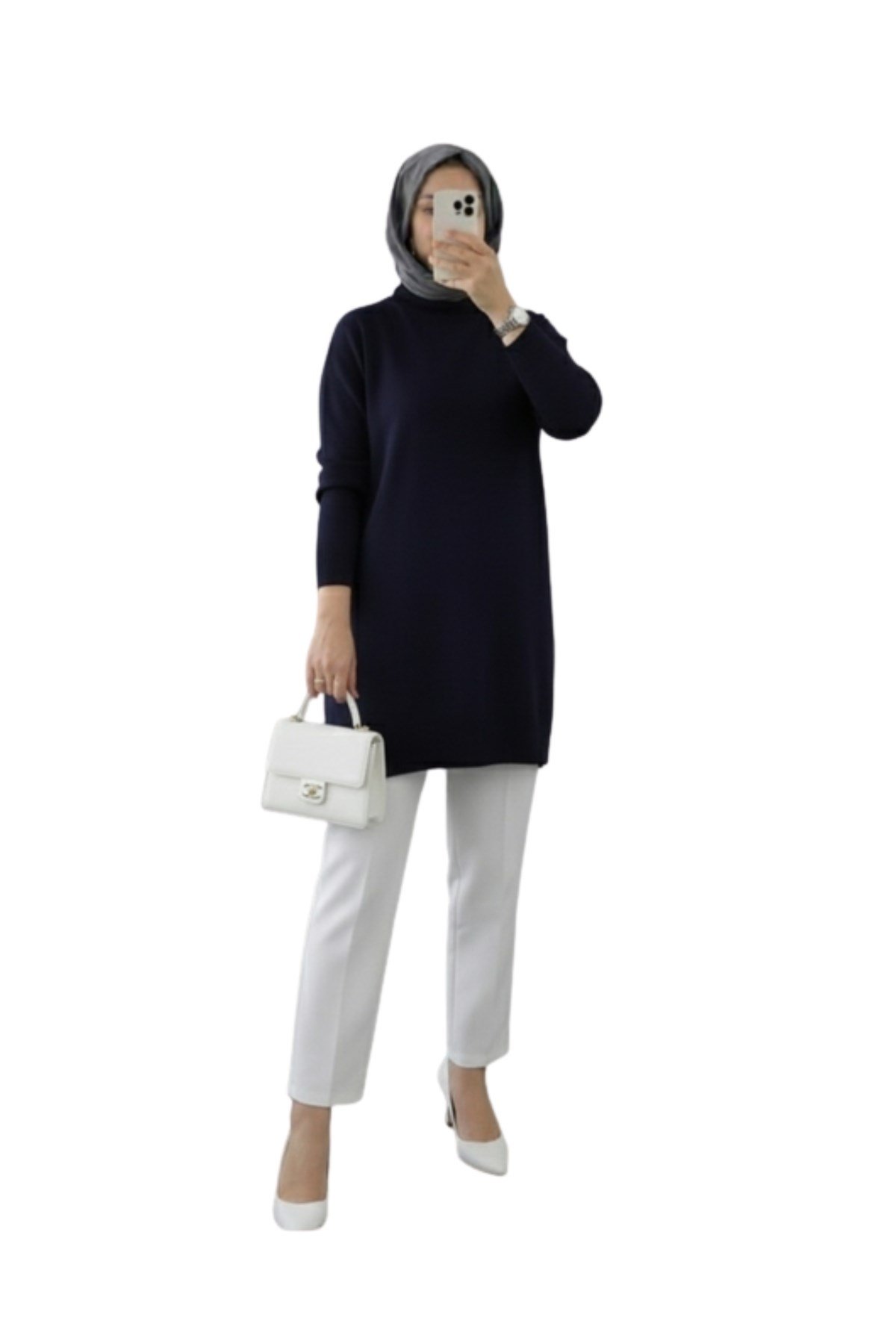 Lacivert Bisiklet Yaka Oversize Triko Kazak Tunik