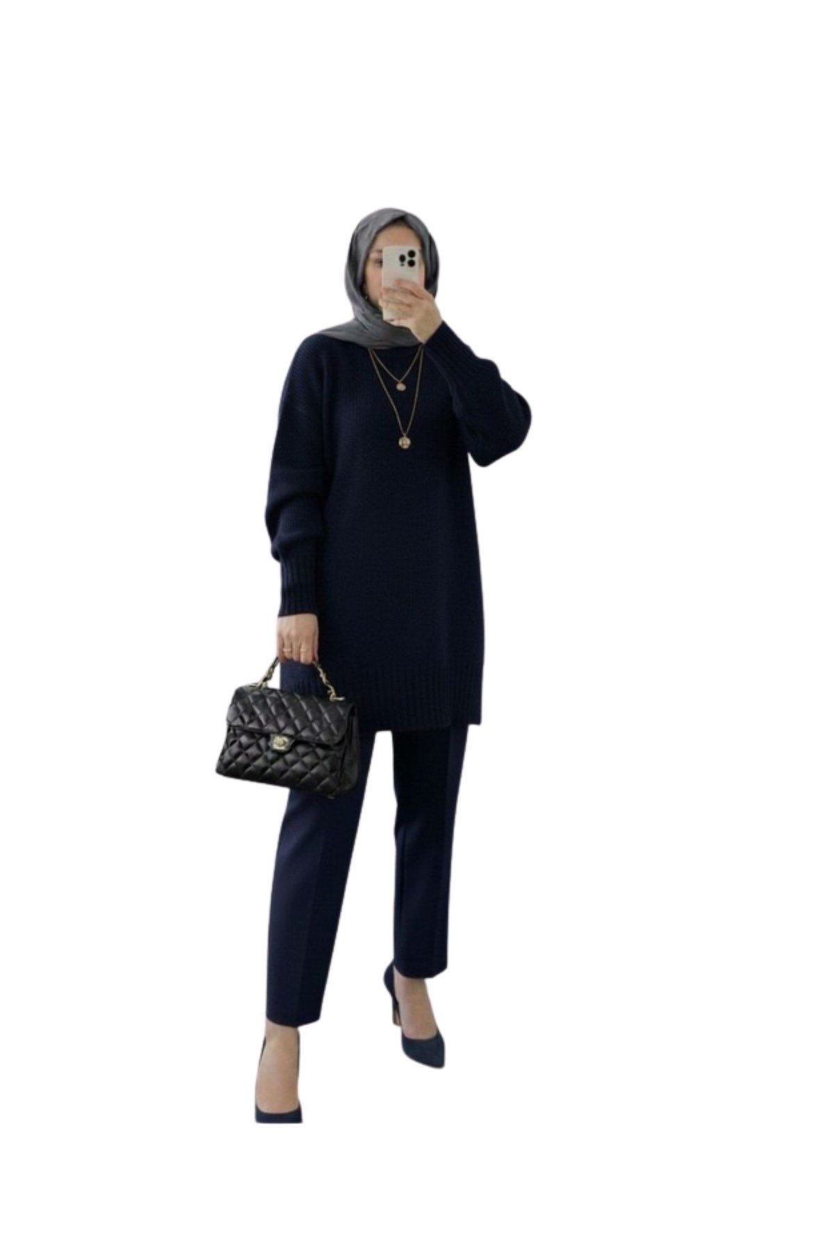 Lacivert Bisiklet Yaka Oversize Triko Kazak Tunik