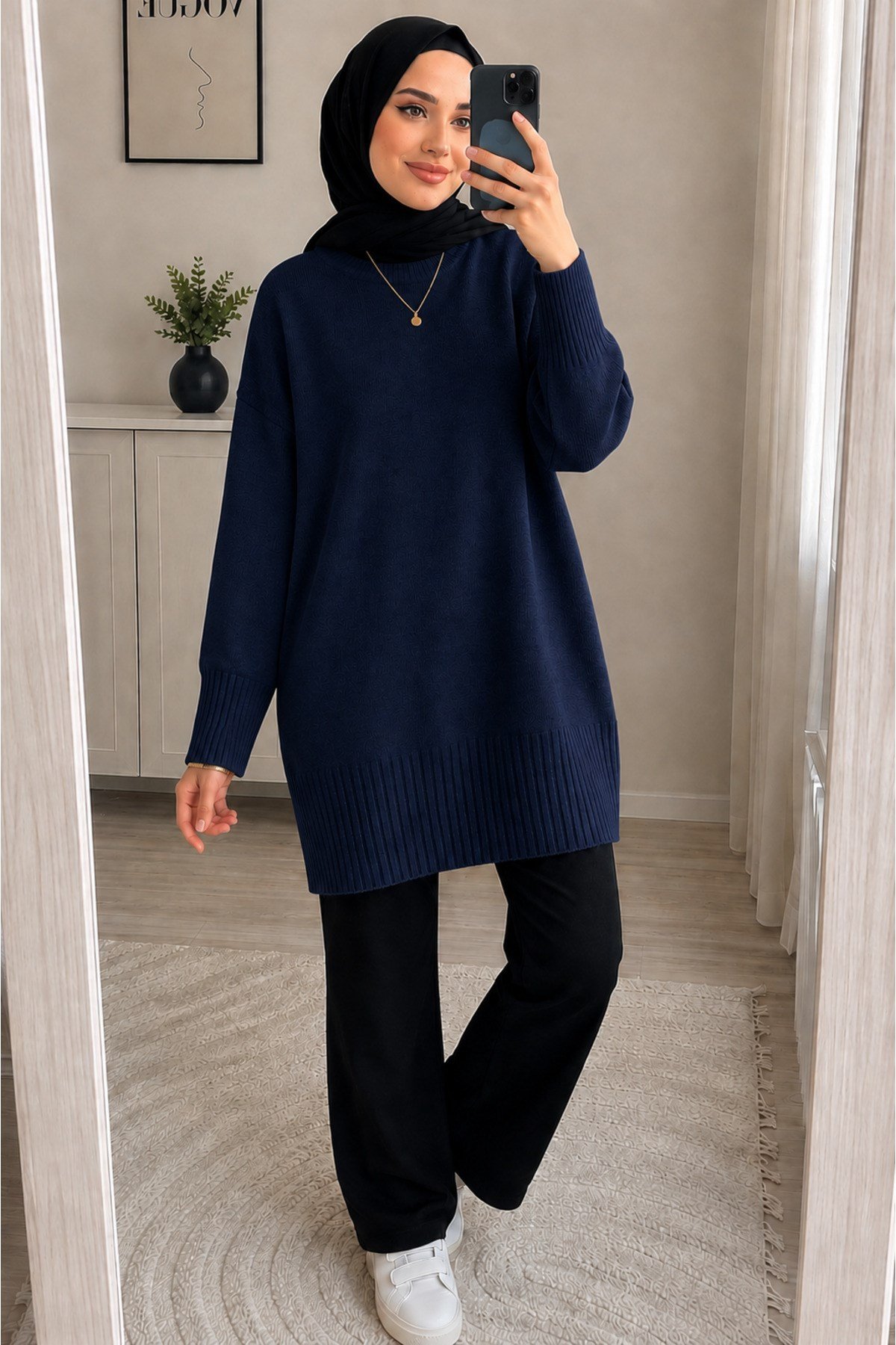 Lacivert Bisiklet Yaka Oversize Triko Kazak Tunik