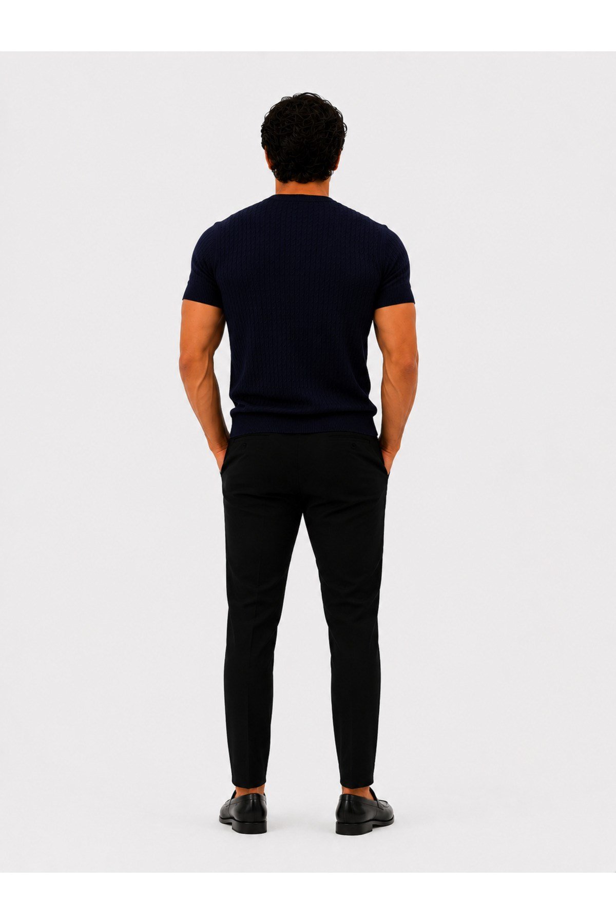 Lacivert Bisiklet Yaka Saç Örgü Desenli Kısa Kol Slim Fit Erkek T-shirt
