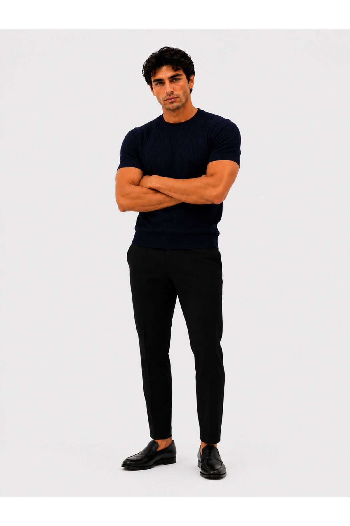Lacivert Bisiklet Yaka Saç Örgü Desenli Kısa Kol Slim Fit Erkek T-shirt