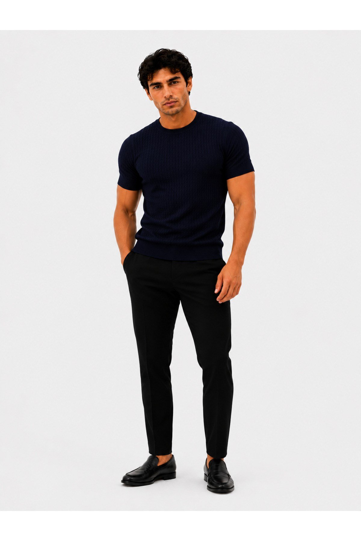 Lacivert Bisiklet Yaka Saç Örgü Desenli Kısa Kol Slim Fit Erkek T-shirt