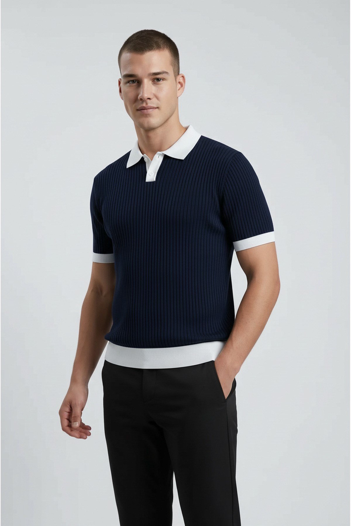 Lacivert Polo Yaka Düğmeli Kısa Kol Erkek T-shirt