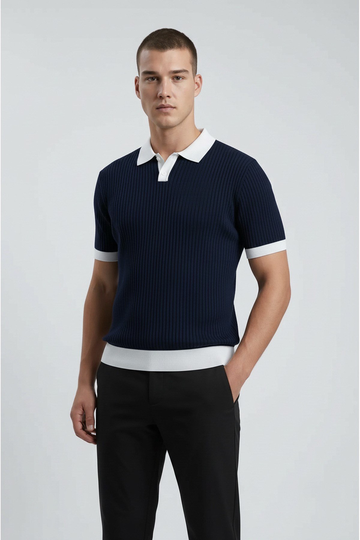 Lacivert Polo Yaka Düğmeli Kısa Kol Erkek T-shirt