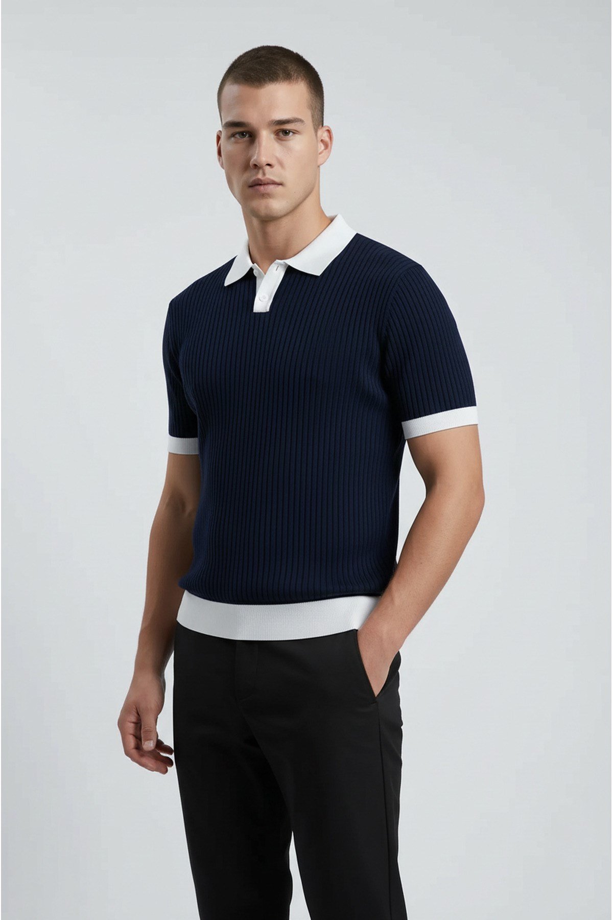 Lacivert Polo Yaka Düğmeli Kısa Kol Erkek T-shirt