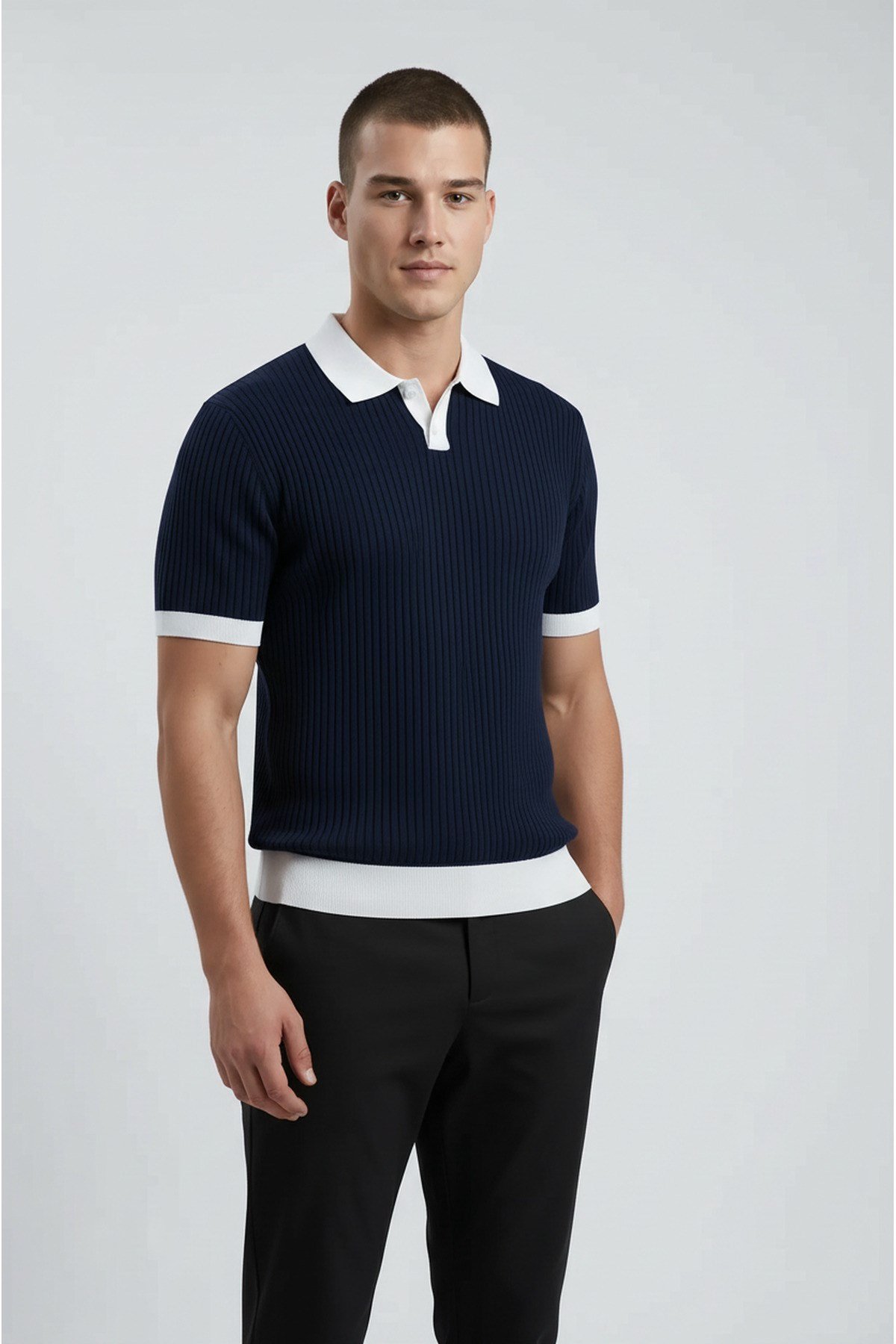 Lacivert Polo Yaka Düğmeli Kısa Kol Erkek T-shirt