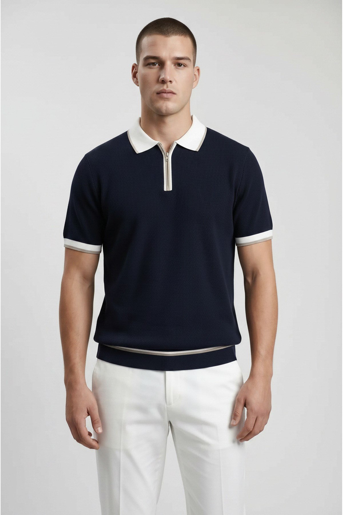 Lacivert Polo Yaka Fermuarlı Kısa Kol Erkek T-shirt