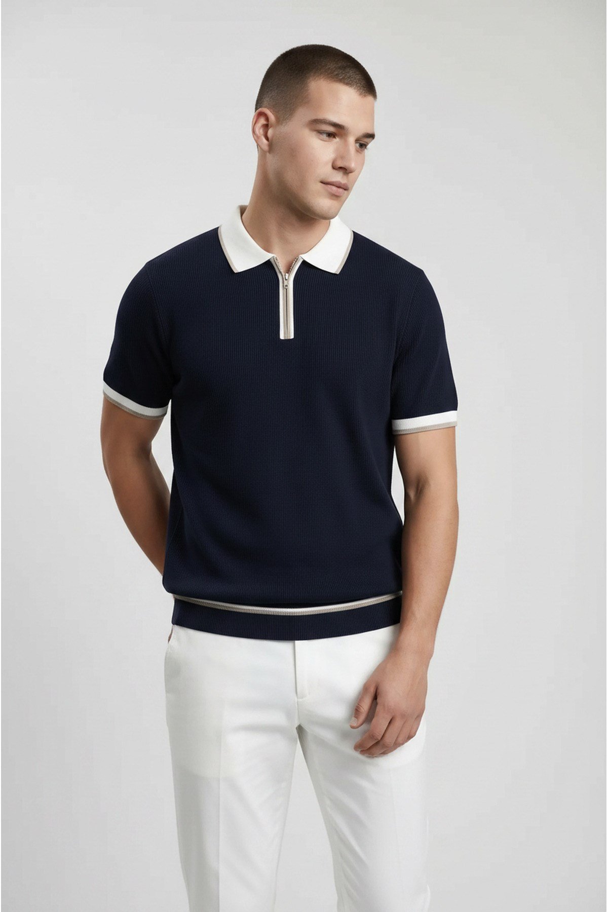Lacivert Polo Yaka Fermuarlı Kısa Kol Erkek T-shirt
