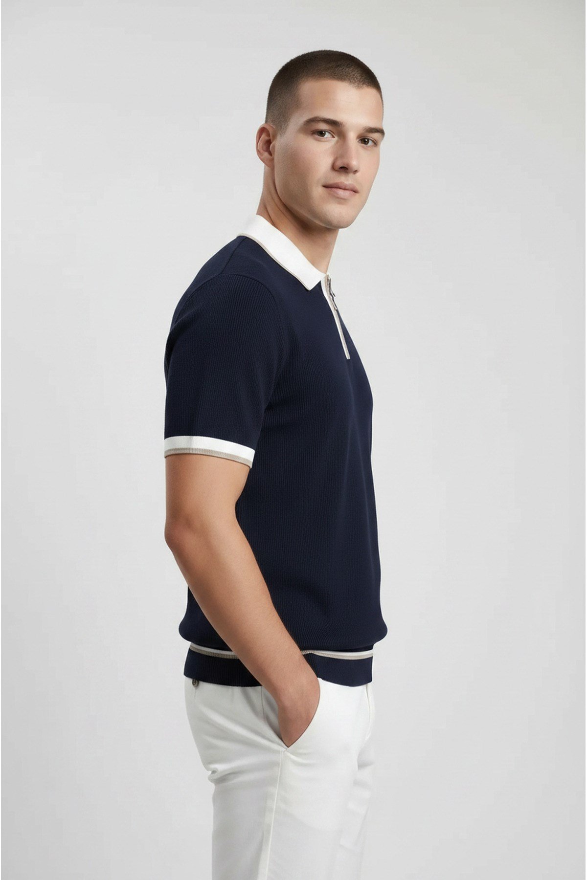 Lacivert Polo Yaka Fermuarlı Kısa Kol Erkek T-shirt
