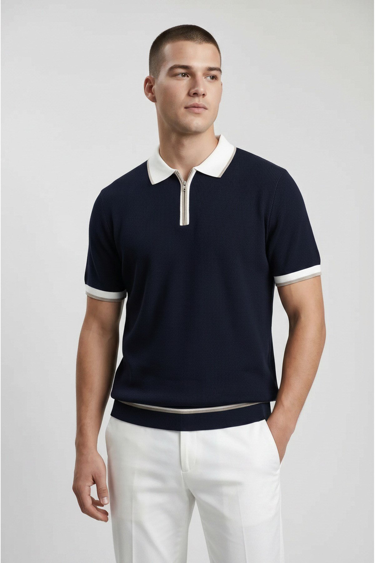 Lacivert Polo Yaka Fermuarlı Kısa Kol Erkek T-shirt
