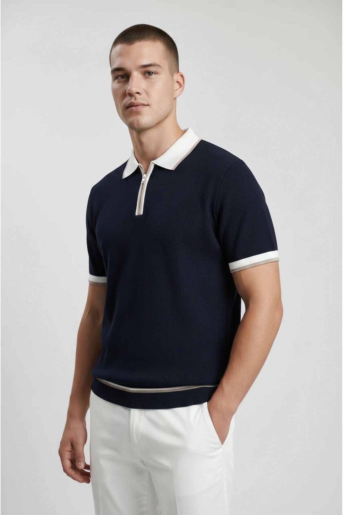 Lacivert Polo Yaka Fermuarlı Kısa Kol Erkek T-shirt