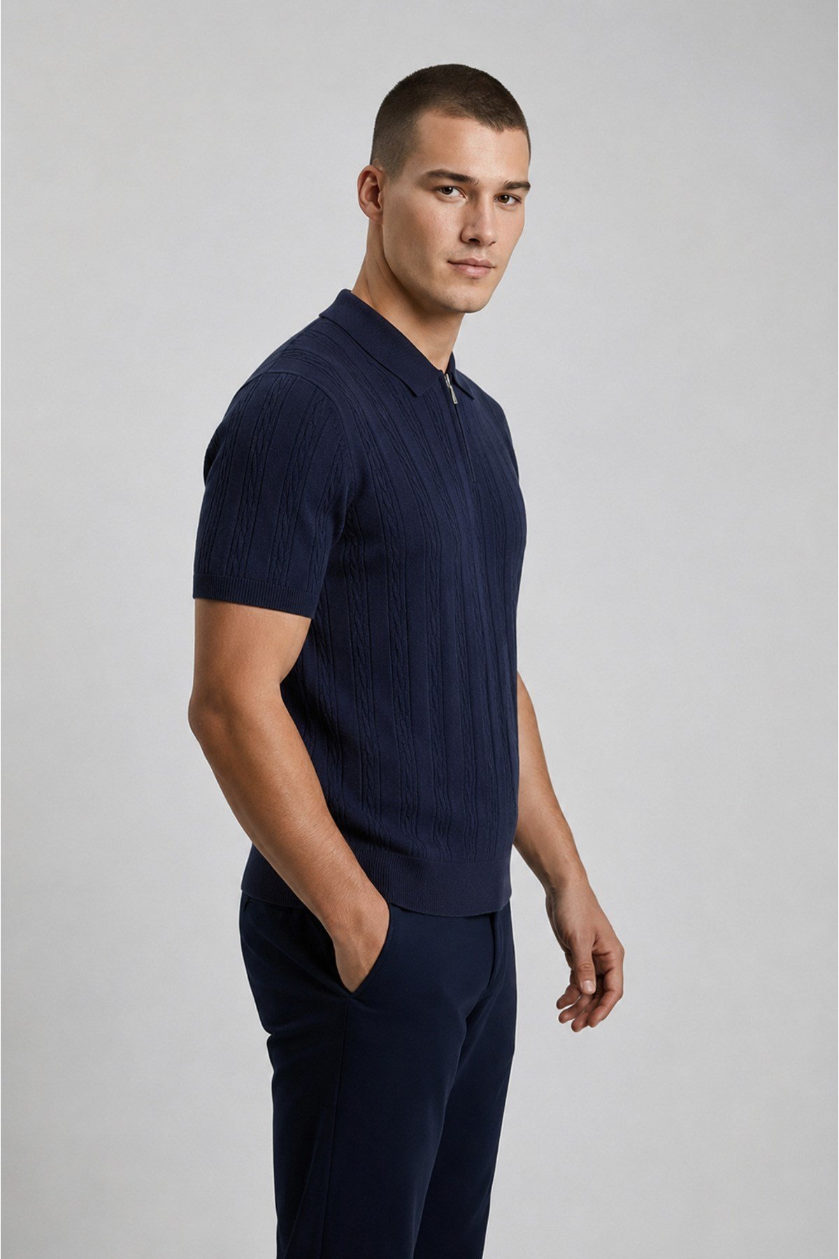 Lacivert Polo Yaka Yarım Fermuarlı Erkek T-shirt