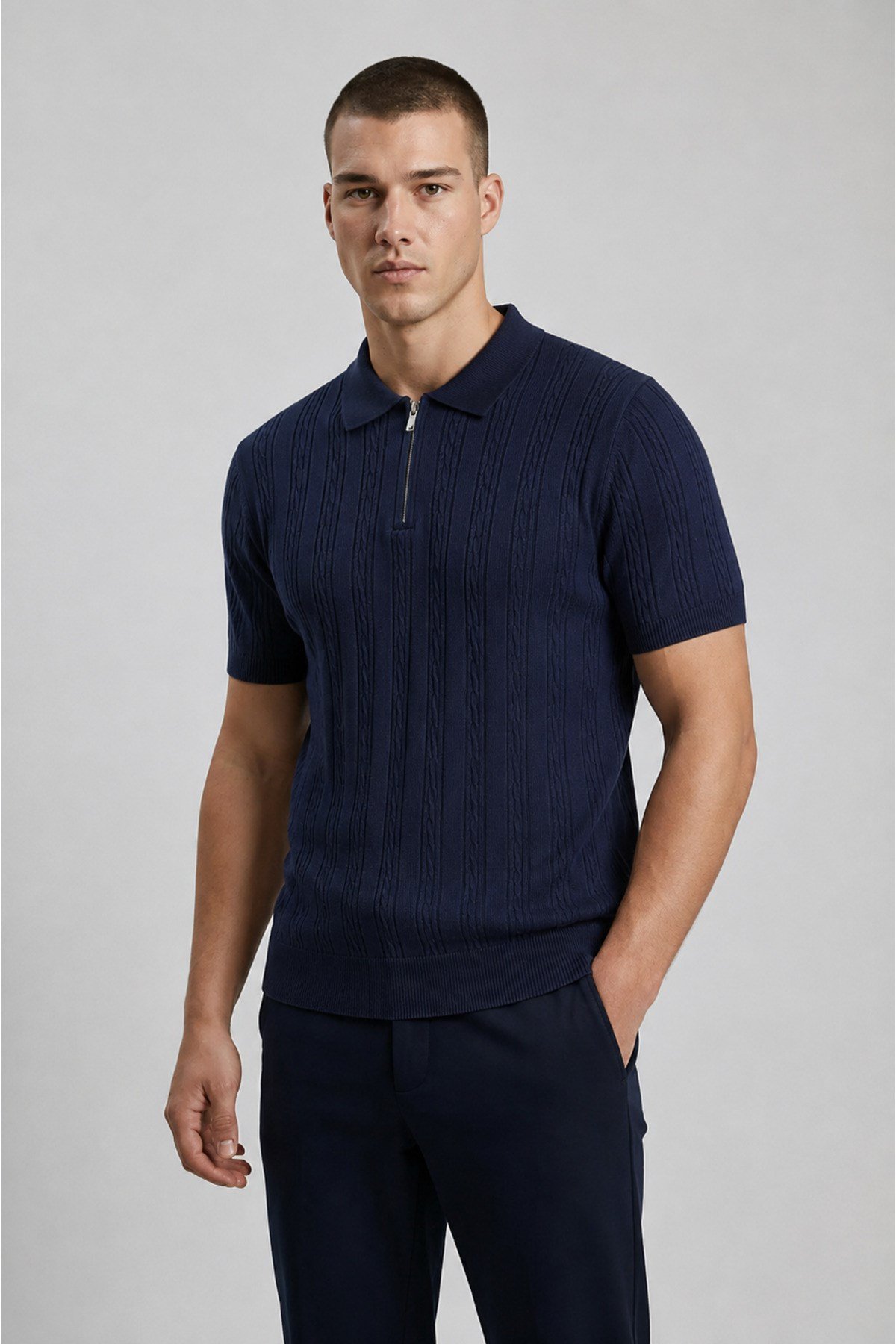 Lacivert Polo Yaka Yarım Fermuarlı Erkek T-shirt