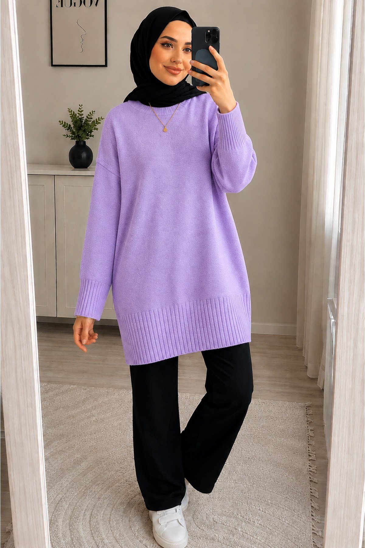 Lila Bisiklet Yaka Oversize Kadın Triko Kazak Tunik