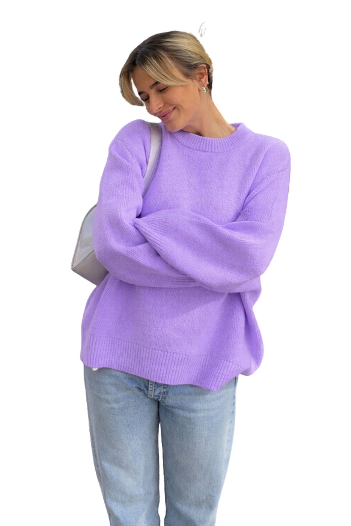 Lila Bisiklet Yaka Oversize Kadın Triko Kazak