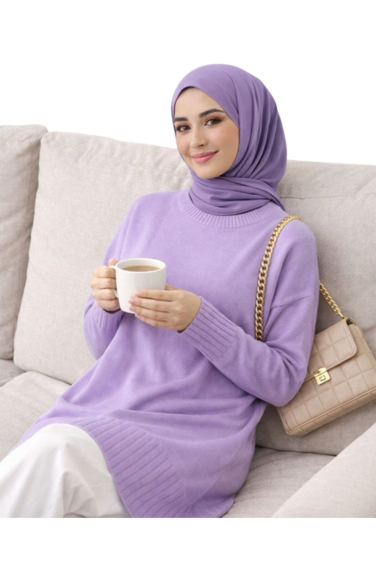 Lila Bisiklet Yaka Oversize Kadın Triko Kazak Tunik