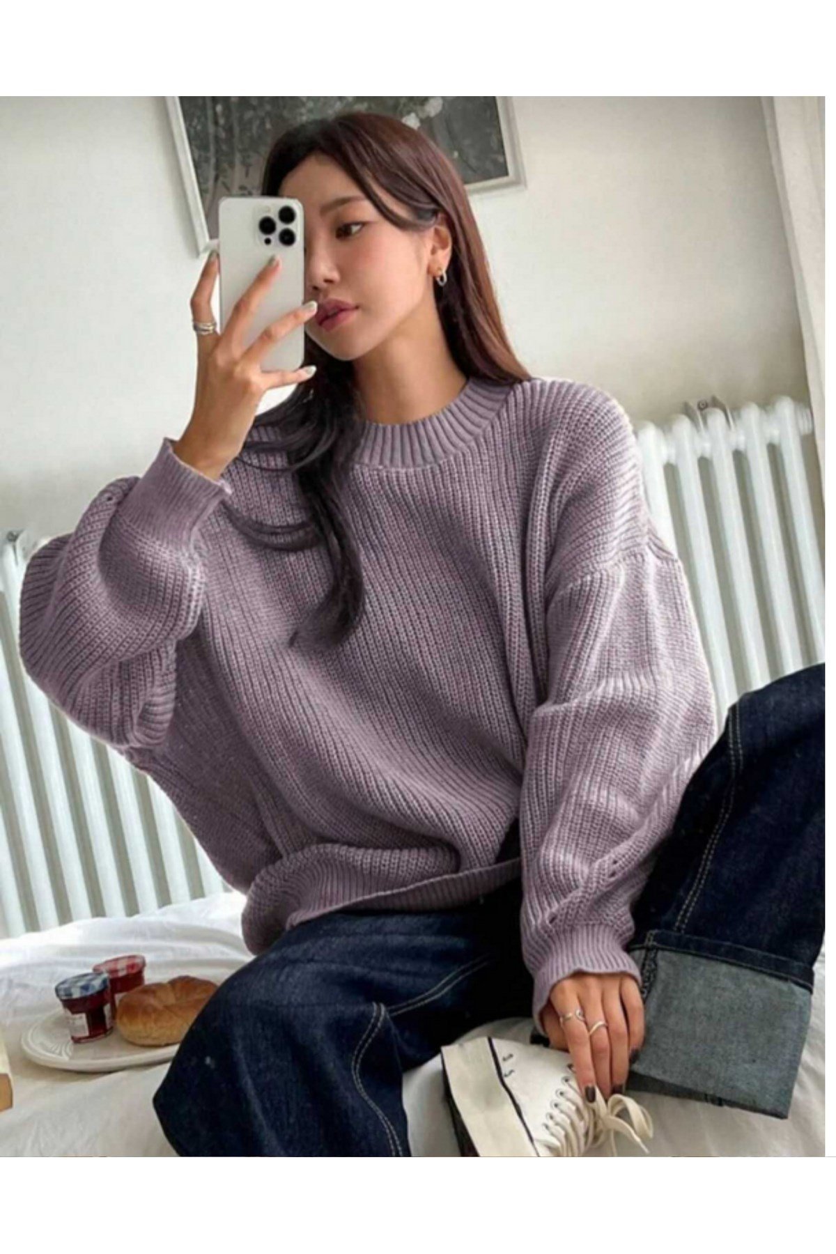 Lila Bisiklet Yaka Oversize Kadın Triko Kazak