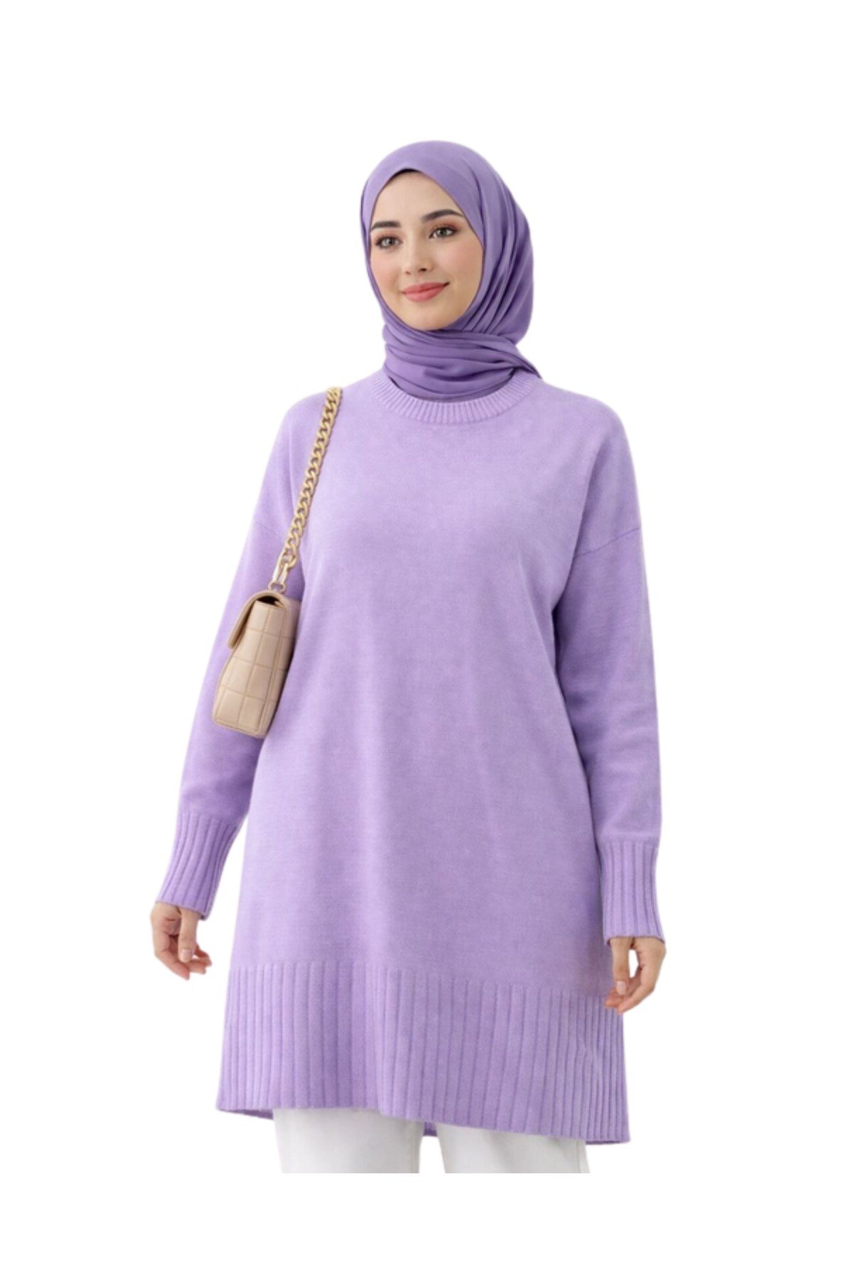 Lila Bisiklet Yaka Oversize Kadın Triko Kazak Tunik