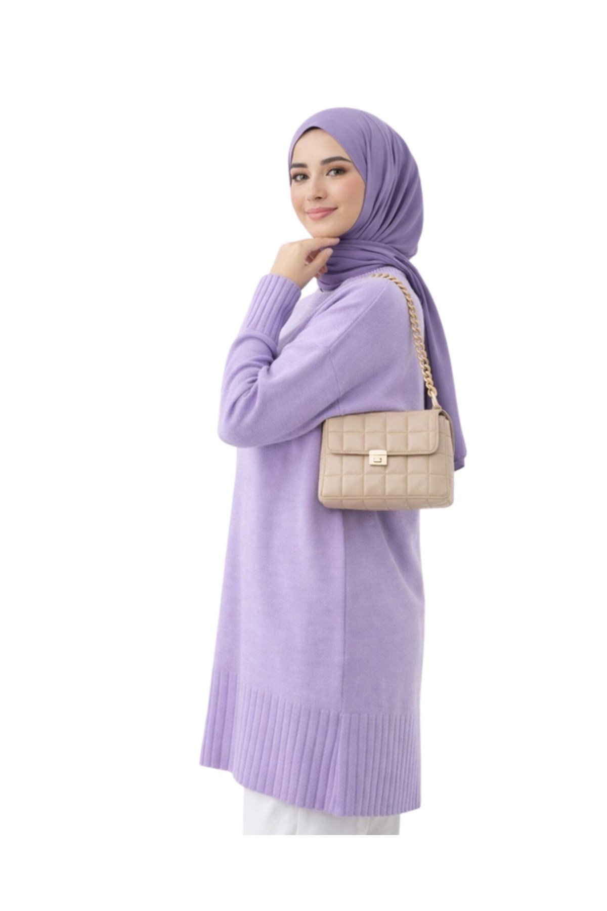 Lila Bisiklet Yaka Oversize Kadın Triko Kazak Tunik