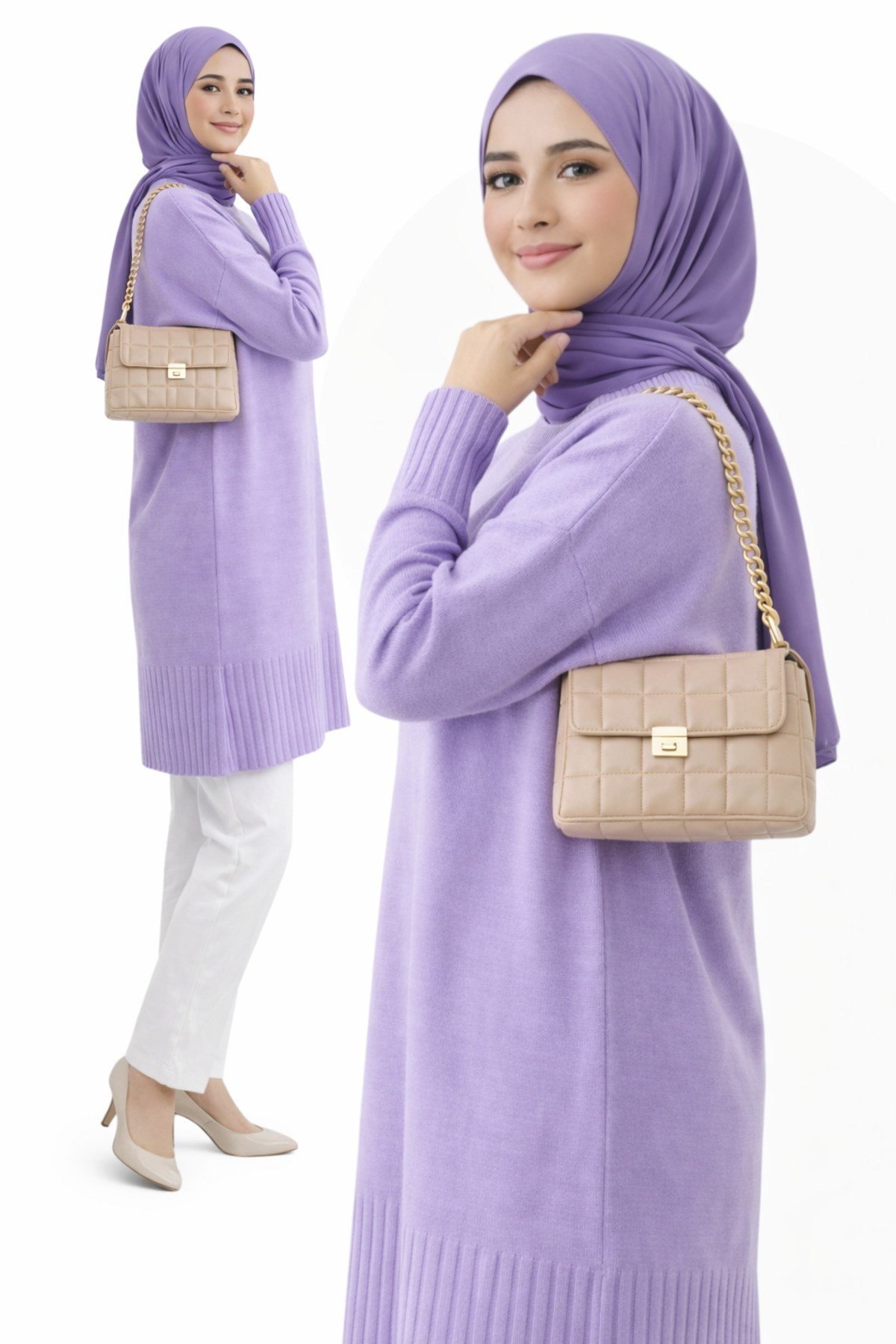Lila Bisiklet Yaka Oversize Kadın Triko Kazak Tunik