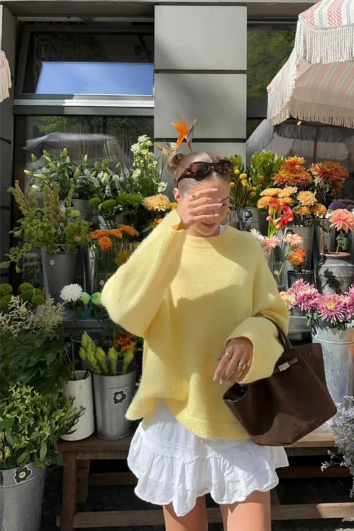 Limon Sarı Bisiklet Yaka Oversize Kadın Triko Kazak