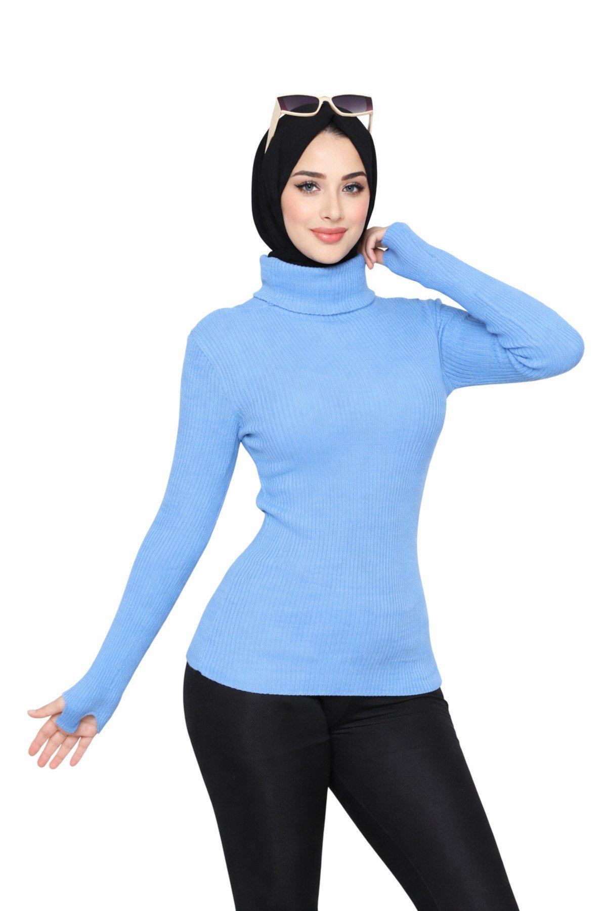Mavi Balıkçı Yaka Parmak Detaylı Premium Kurtarıcı Body Kazak